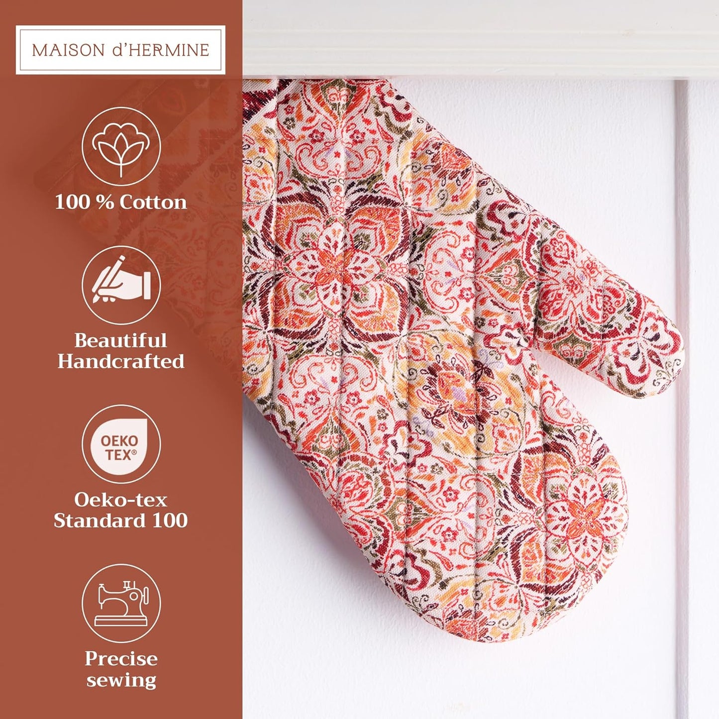 Maison d' Hermine Oven Gloves 100% Cotton Oven Mitt 7" x 13" with Loop Heat Resistant, BBQ, Cooking Gloves, Baking, Grilling, Kitchen, Handling Hot Pans (Pack of 1, Damask)