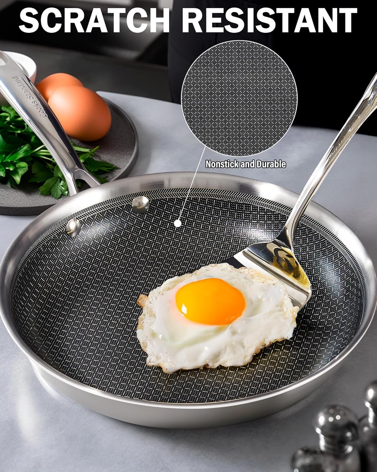 Cooks Standard Hybrid Nonstick Frying Pan Set, 8, 10 and 12-Inch Multi-Ply Clad Stainless Steel 3 Piece Skillet with Tempered Glass Lids, Oven Safe, Compatible with All Stovetops