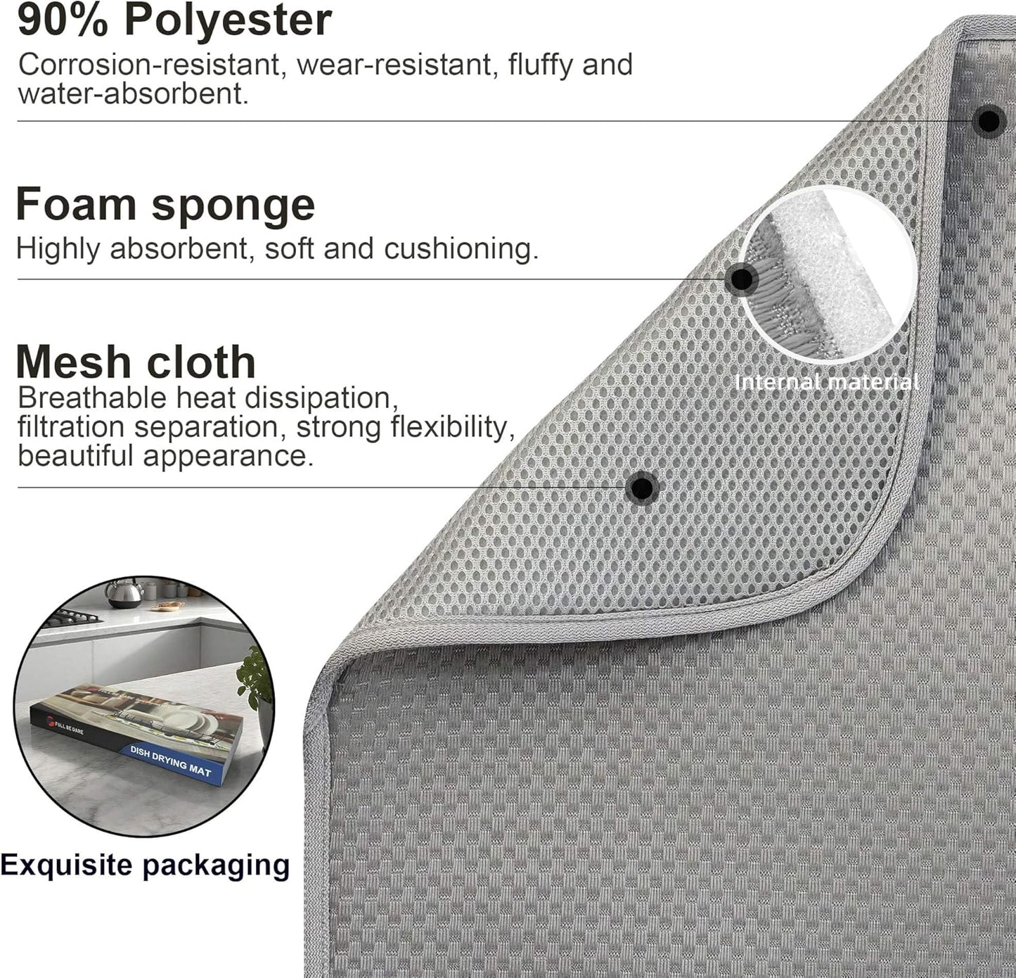 2-Pack Light Gray Dish Drying Mats 17” x 24” – XL Kitchen Drying Mat for Counter, Super Absorbent Microfiber Dish Drying Mat, Foldable Large Dish Drying Mat, Pots, Pans – Dish Drainer Mat