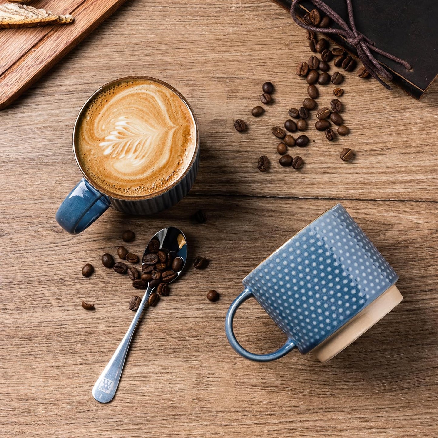 GBHOME 12OZ Stackable Coffee Mugs with Stand, Ceramic Coffee Mugs with Texture Patterns for Man,Woman,Dad,Mom, Modern Coffee Cups Set of 4 for Latte/Cappuccino/Cocoa. Dishwasher&Microwave Safe, Blue