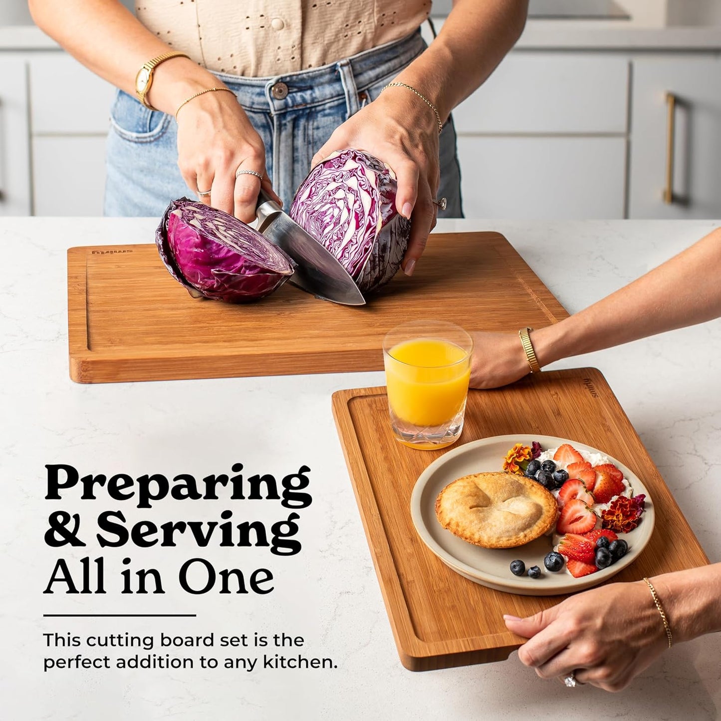 SMIRLY Wood Cutting Boards for Kitchen Wooden Chopping Board Set Reversible with Deep Juice Grooves Grip Handles, Large Charcuterie Tray, New Apartment Essentials, Carbonized Bamboo, 3Pcs with Holder