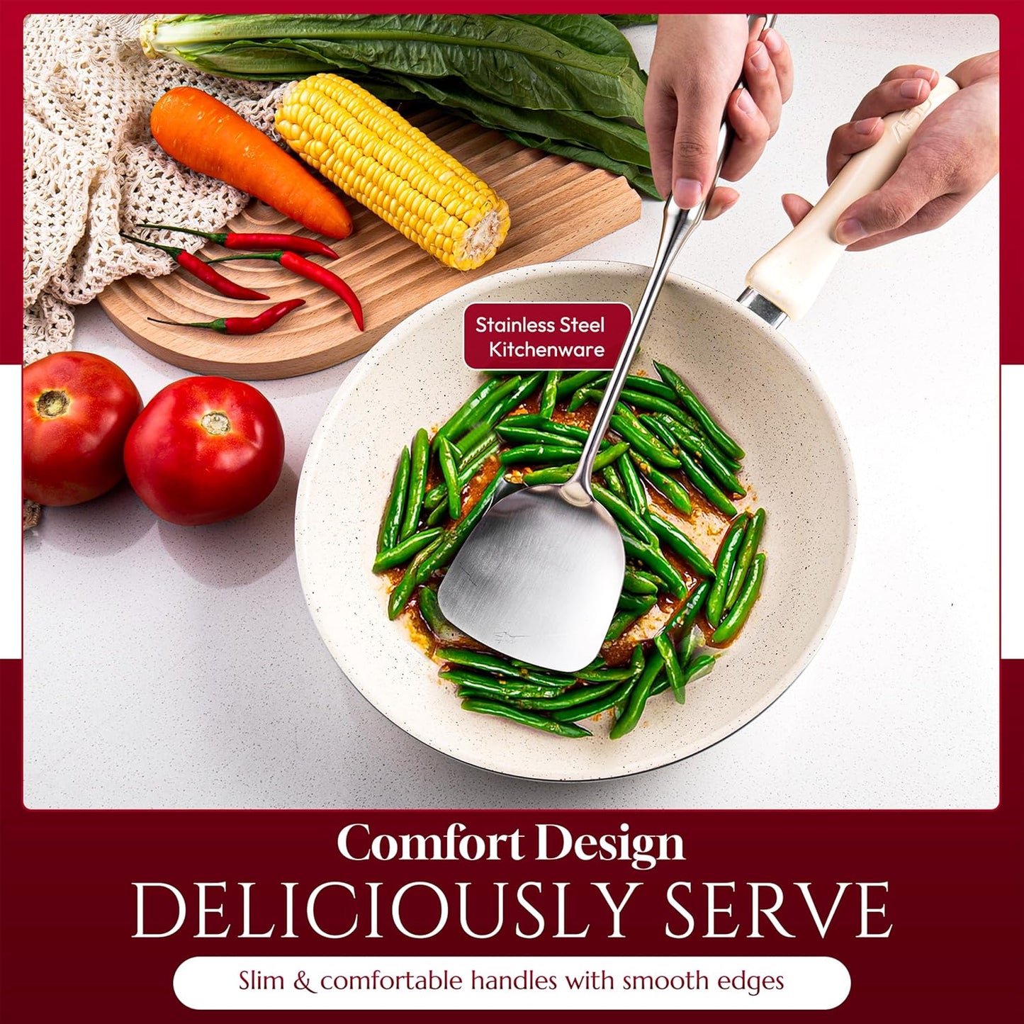 6 Pc Stainless Steel Cooking Utensils Set with Ergonomic Handles – Heat Resistant Kitchen Tools Includes Slotted Spatula, Skimmer Ladle, Spatula, Serving Spoon, Pasta Spoon Ideal for Cooking