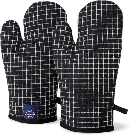 Encasa XO Long 12"x7" Oven Microwave Hand Gloves Mitts (2 pc Set) for Kitchen Cooking & Baking - Heat Resistant, Thick & Safe, Protection of Hands from Hot Utensils - Butcher Checks Black