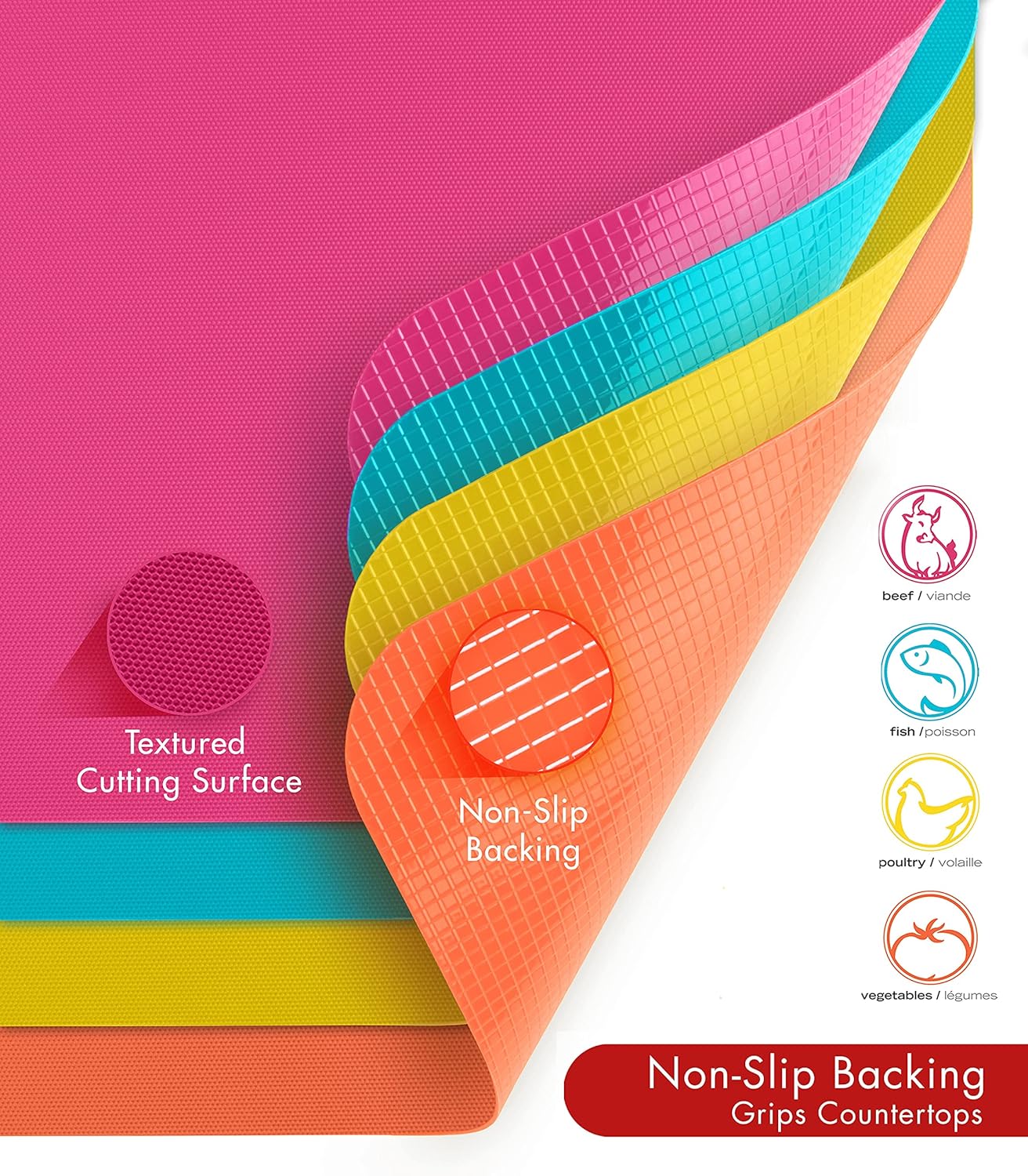 Dexas Heavy Duty Cutting Board Grippmat, Flexible Cutting Boards for Kitchen, Set of 4, Non Slip Plastic Board Cutting Mat 11.5 by 14 inches, Bright Blue, Yellow, Orange and Pink Set Kitchen Gadgets