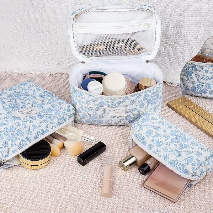 Quilted Makeup Bag Set, 3pc Large Floral Cosmetic Bag for Women, Cute Cotton Makeup Bags, Flower Travel Toiletry Organizer Bag (Blue Small Sheep)