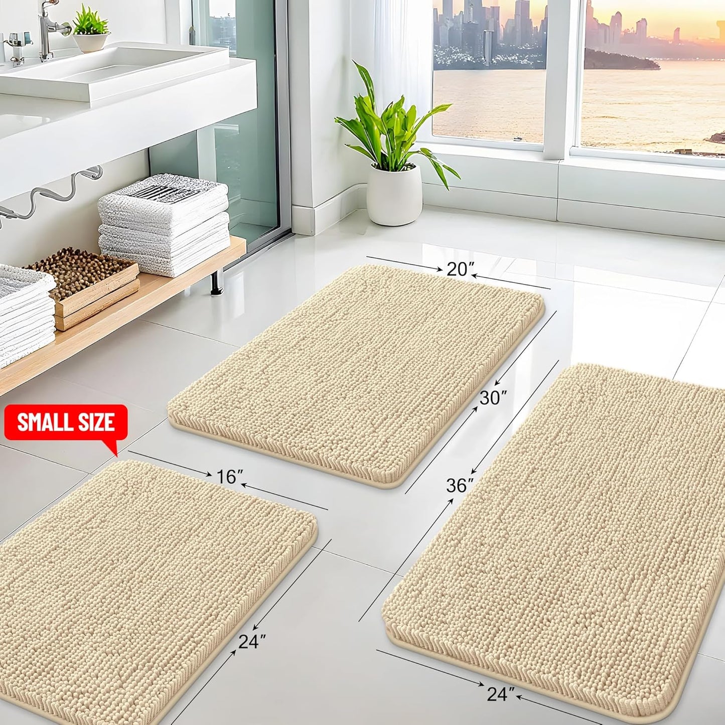 Arotive Bathroom Rugs 47x24, Extra Soft Absorbent Shaggy Chenille Bath Rugs, Machine Washable Rubber Backing Non-Slip Bath Mats for Bathroom Floor Tub and Shower, Home Decor Accessories, Beige