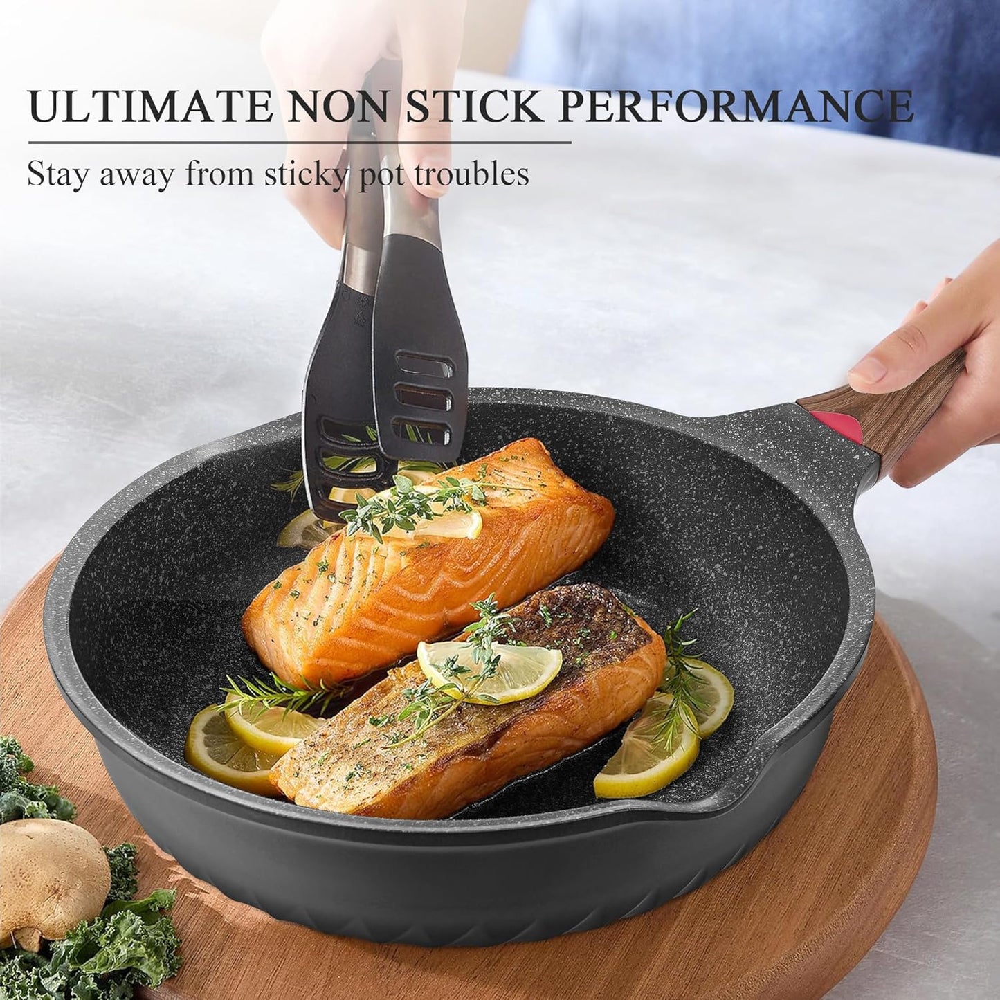 Vinchef Pots and Pans Set, 12pcs Nonstick Induction Kitchen Cookware Sets with Stay-Cool Handles, Frying Pans and Saute Pan with Lid, Silicone Cooking Utensil Sets and Pot Protectors, PFAS, PFOA Free