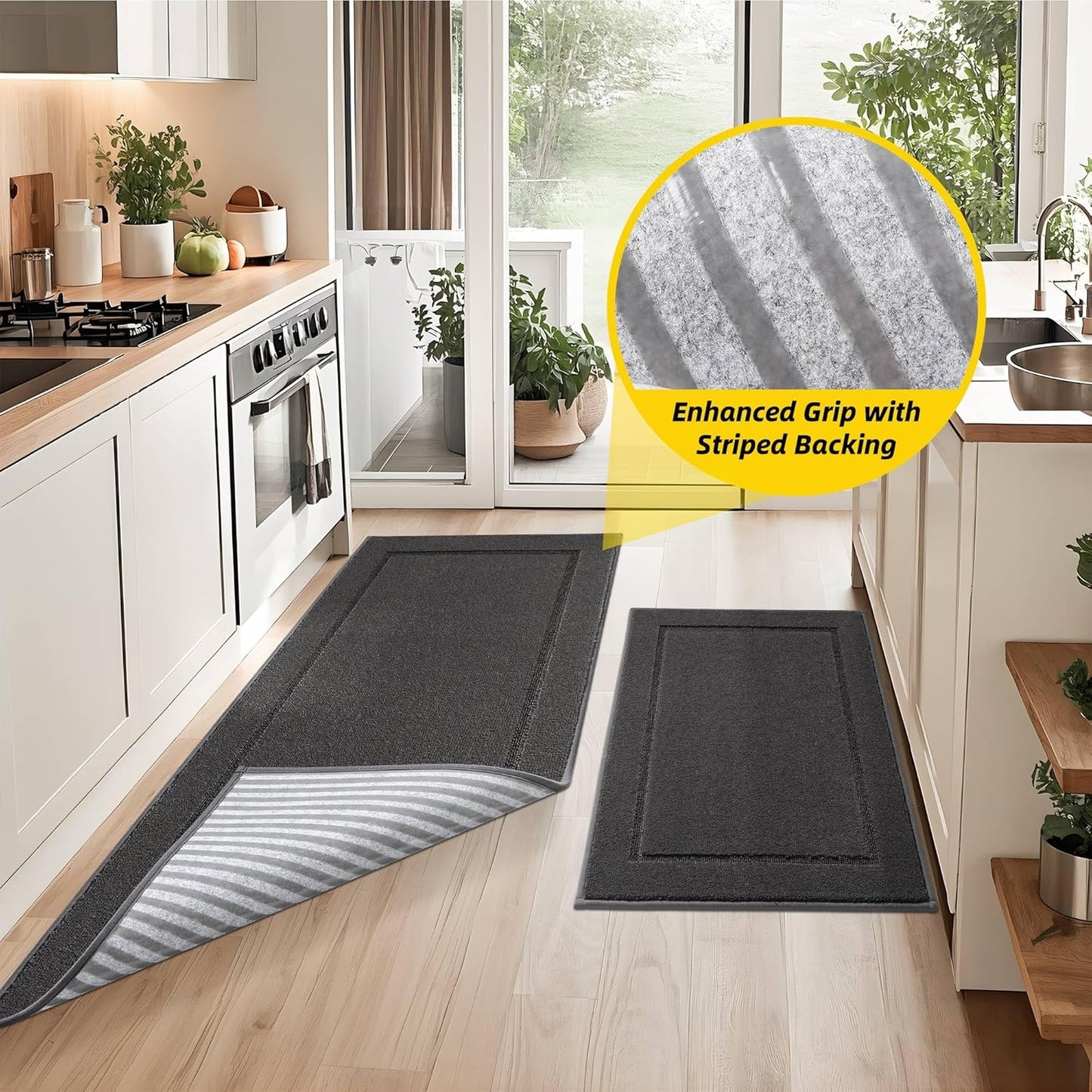 JSEI Non-Slip Kitchen Mats, Self Adhesive No Sliding Kitchen Rugs Set of 2, Washable Absorbent Floor Mat for Kitchen, Bathroom, Laundry Room, Bedroom, 24”x36”+24”x60”, Dark Grey, Rectangular Pattern