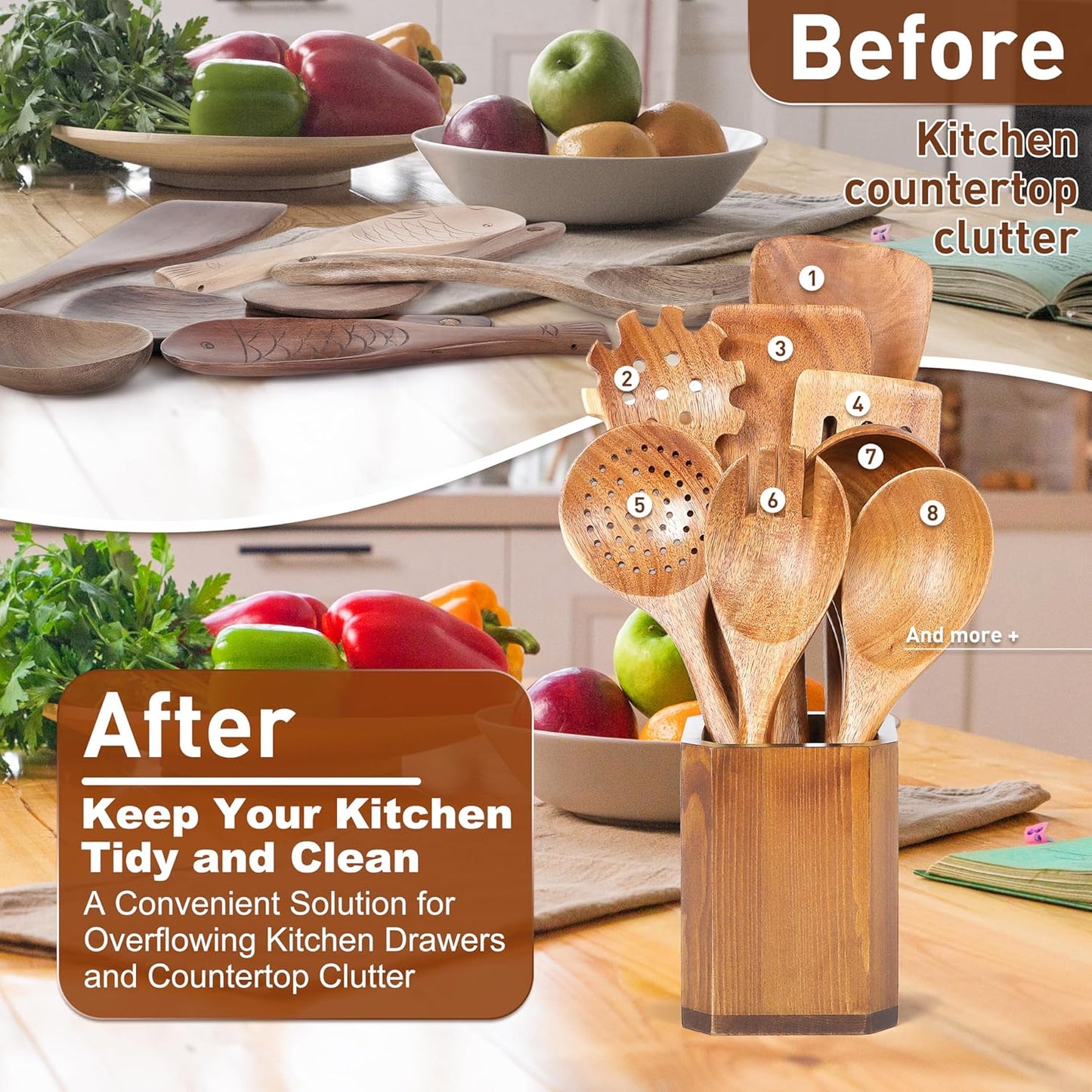 Kitchen Utensils Holder for Countertop: Wooden Utensil Crocks - Cooking Spoons Organizer