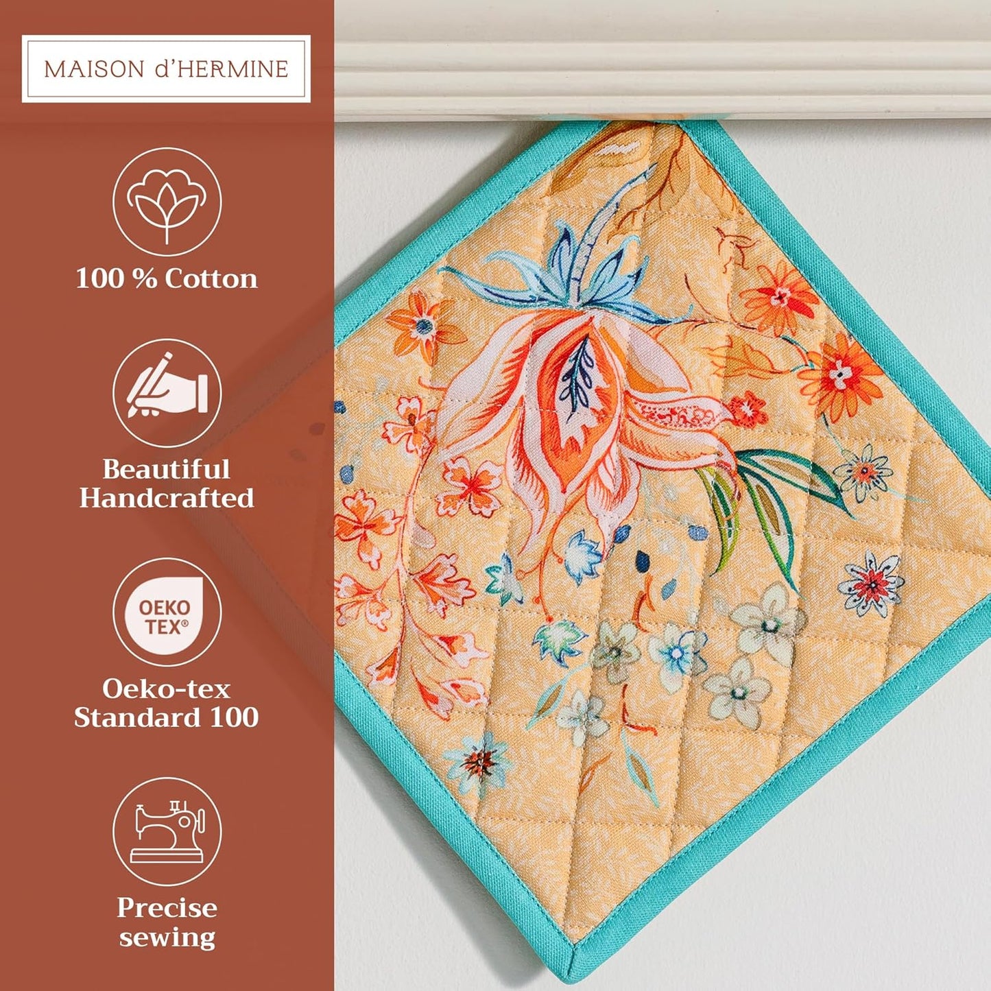 Maison d' Hermine Pot Holders Set 100% Cotton Heat Resistant Potholders 8" x 8" Hot Pads with Loop BBQ, Cooking, Grilling, Kitchen, Handling Hot Pans Spring/Summer (Pack of 2, Luxury Loft – Peach)