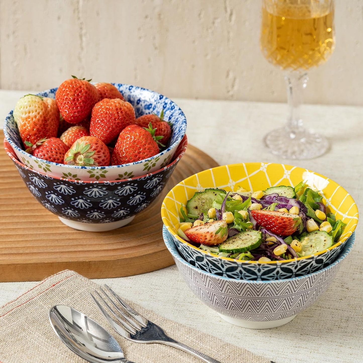 Bowl Set of 4, 23 OZ Large Colorful Bowls Set, 6 Inches Boho Bowls, Bohemia Ceramic Bowls for Kitchen Soup Cereal Salad, Dishwasher and Microwave Safe