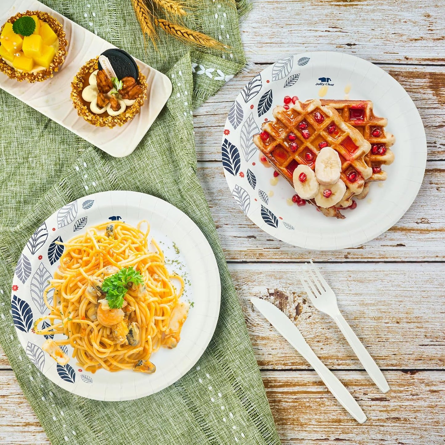 JOLLY CHEF 280 Count Paper Plates 8 inch Soak Proof, Cut Proof, Heavy Duty Leaf Printed Disposable Paper Plates for Everyday Use