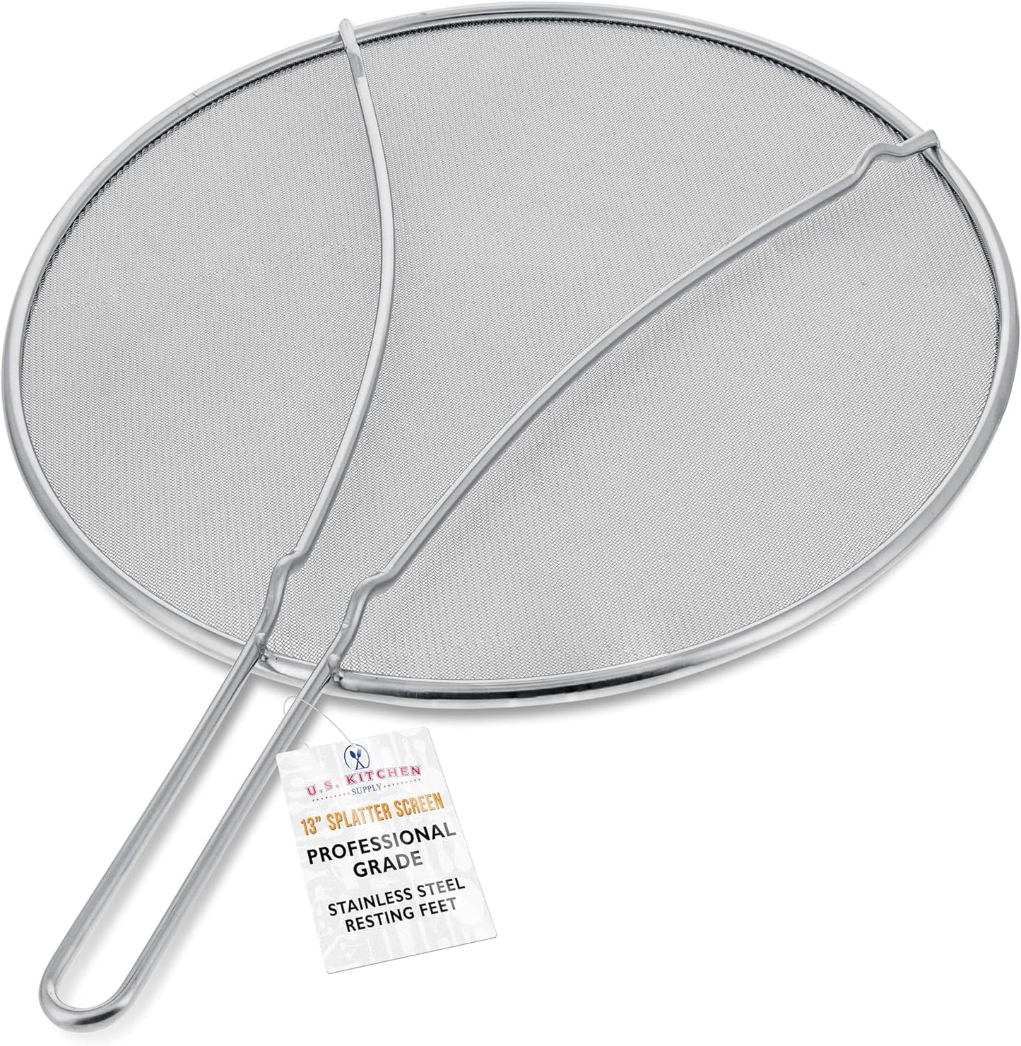 U.S. Kitchen Supply Stainless Steel Splatter Guard 13" Fine Mesh Cover, Grease & Oil, Splatter Screen for Frying Pan, Cooking Pots, with Resting Feet