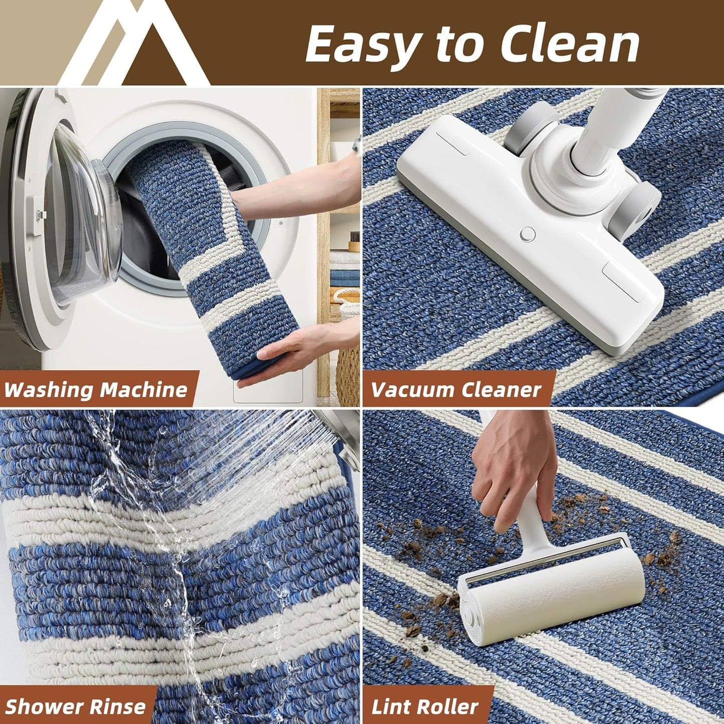 COSY HOMEER Long Kitchen Floor Mats for in Front of Sink Super Absorbent Kitchen Rugs and Mats 24"x48"+24"x59"Non-Skid Kitchen Mat Standing Mat Washable,Polypropylene,Blue,Frame