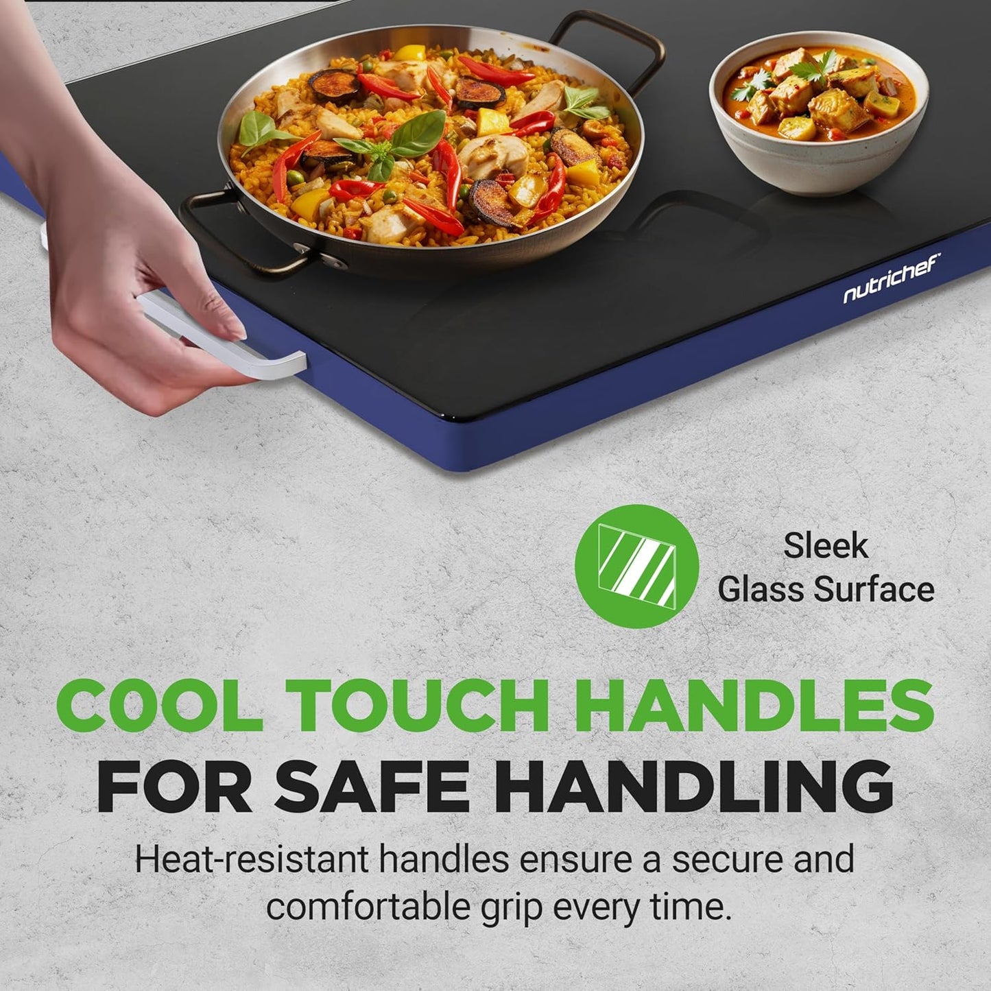 NutriChef Electric Warming Tray | Glass Surface Hot Serving Tray | Adjustable Temperature 140°F to 230°F | Energy Efficient & Space Saving | Perfect for Buffets,Parties & More | 21.2 x 16.5 IN | Blue