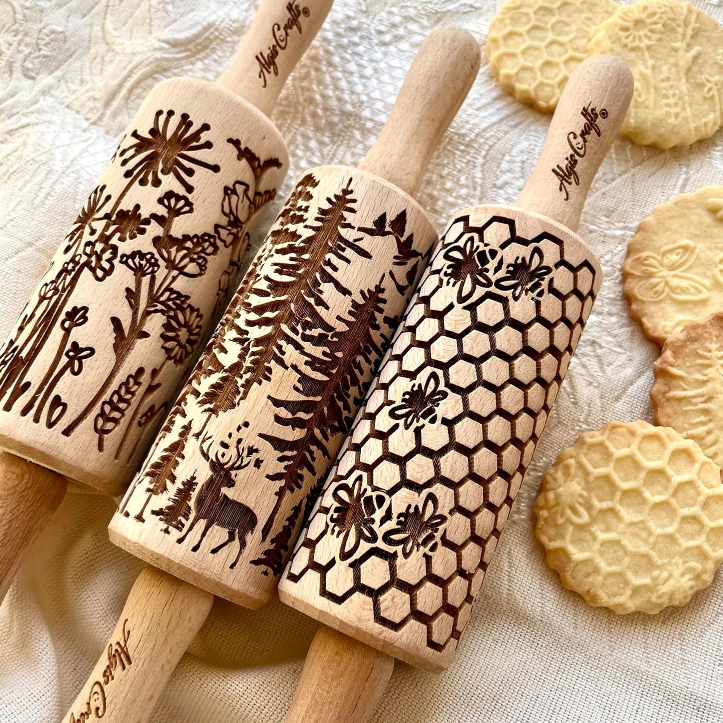 WILD 3 mini Embossed Rolling Pin Set with Bees, Meadow and Forest Patterns by Algis Crafts for Cookies and Pottery by Algis Crafts