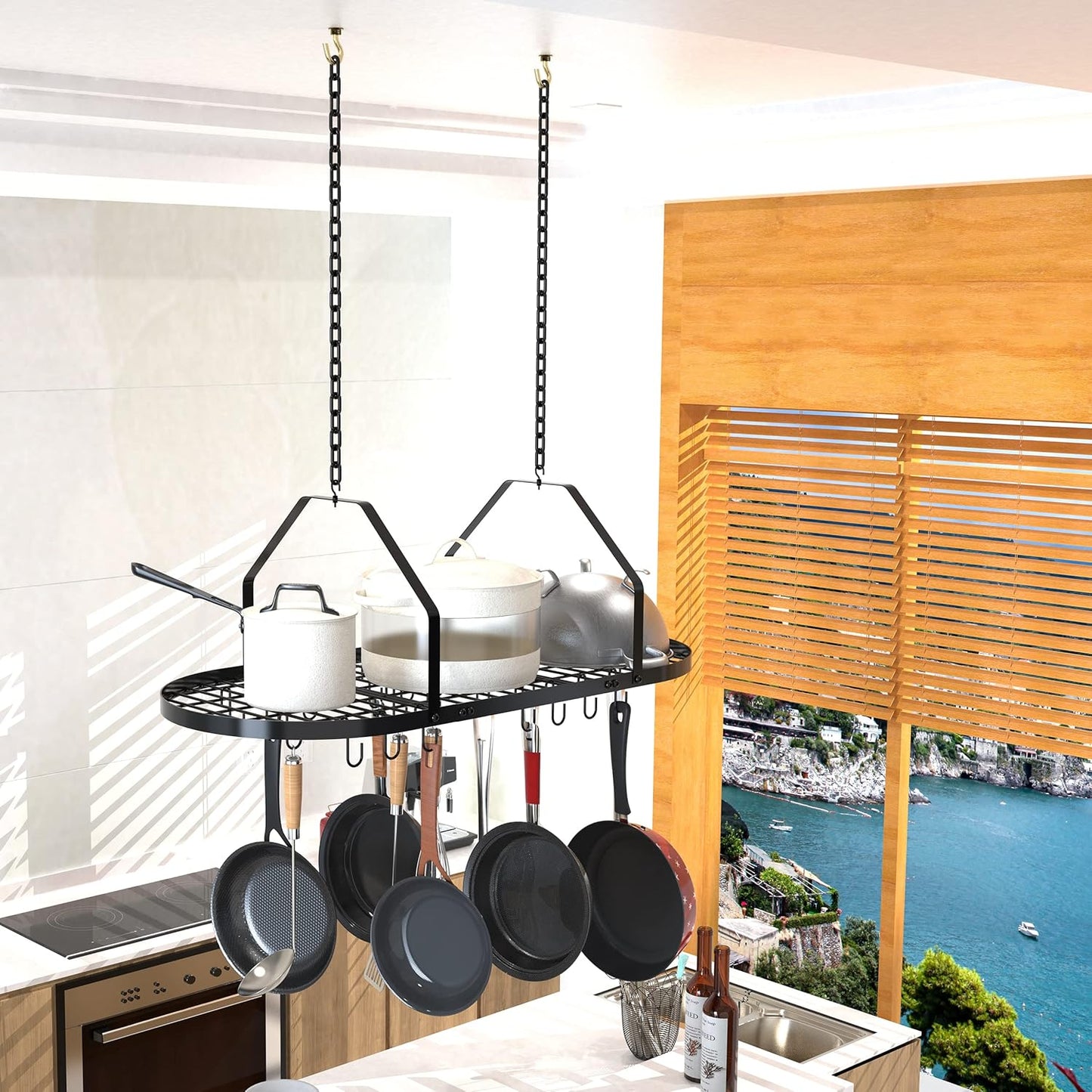 Ceiling Pot and Pan Rack, Kitchen Pot Organizer Storage Rack, Multi-Purpose Organizer for Home, Restaurant, and Kitchen Cookware with 20 Removable Hooks (Black)