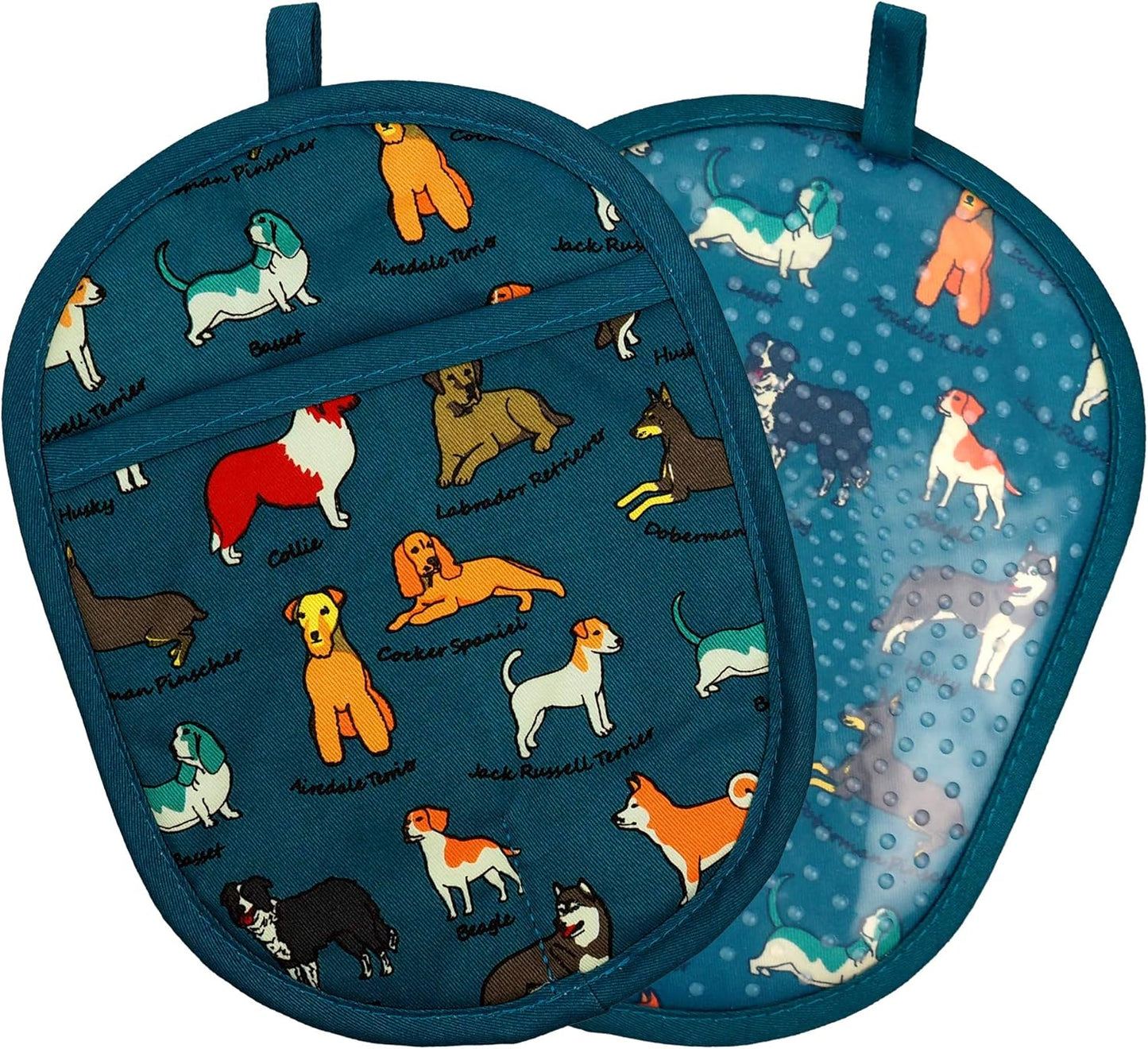 Pot Holders Set of 2 with Transparent Clear Silicone Shell and Nice Dog Flower Cotton Lining, Heat Resistant to 500 F Kitchen Oven Gloves Pot Holder for Cooking (Blue Dog, Potholders)