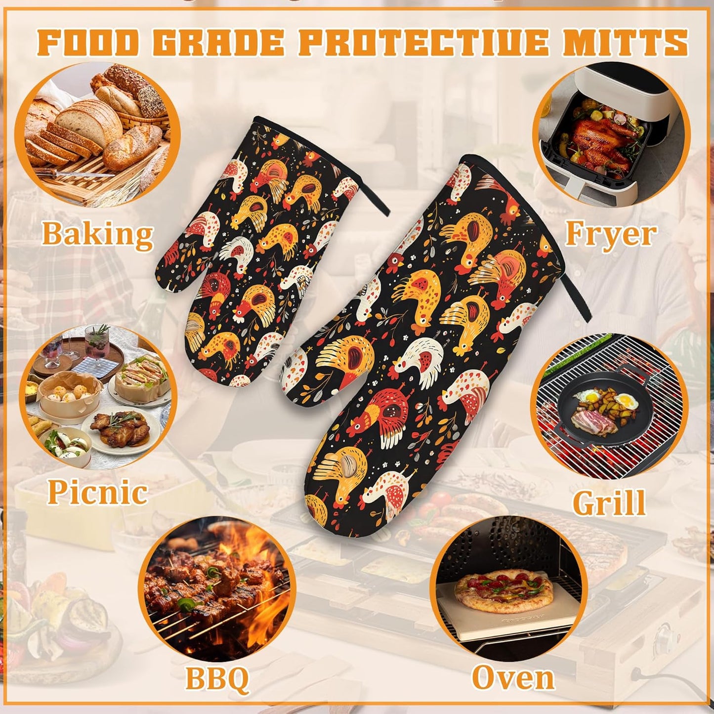 Colorful Rooster Oven Mitts and Pot Holders,Cute Chicken Heat Resistant Oven Mitts Gloves and Pot Holder for Home Kitchen Decorations Cooking Baking BBQ Gifts,Set of 4
