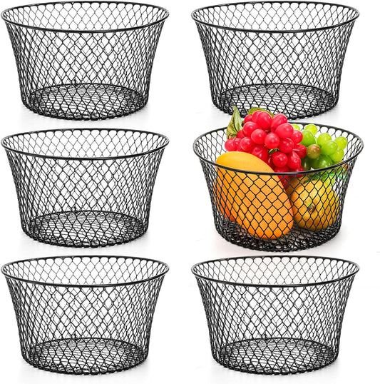 6 Pack Metal Wire Baskets for Kitchen Storage, Modern Black Countertop Fruit Bowl, Round Produce Organizer, Multi-Purpose for Fruits, Snacks, Breads