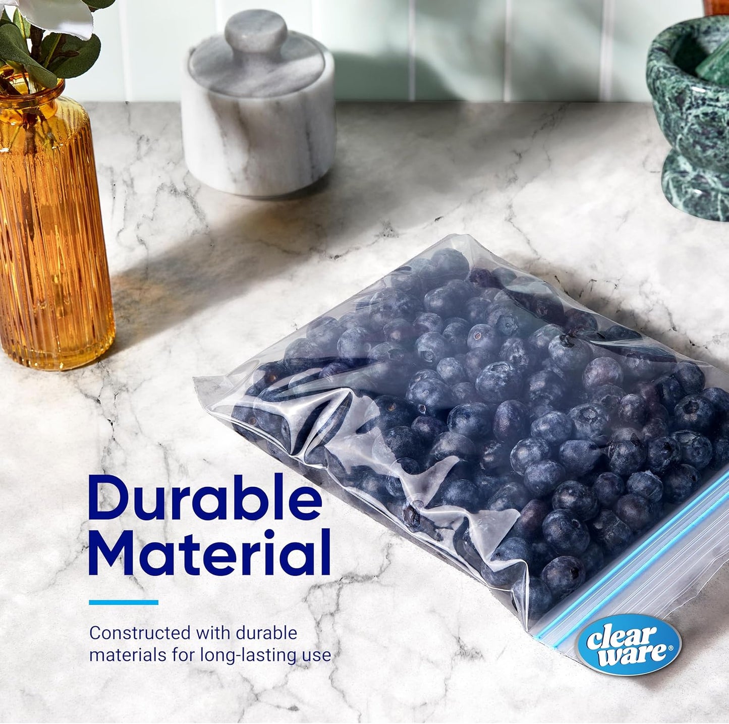 Quart Freezer Bags - Double Zipper Seal -300 Count, (4 Packs of 75) Resealable Plastic Freezer Containers - Reusable Pouches for Food Storage, Meat, Fresh Vegetables, Fruit - Microwave-Safe, BPA Free