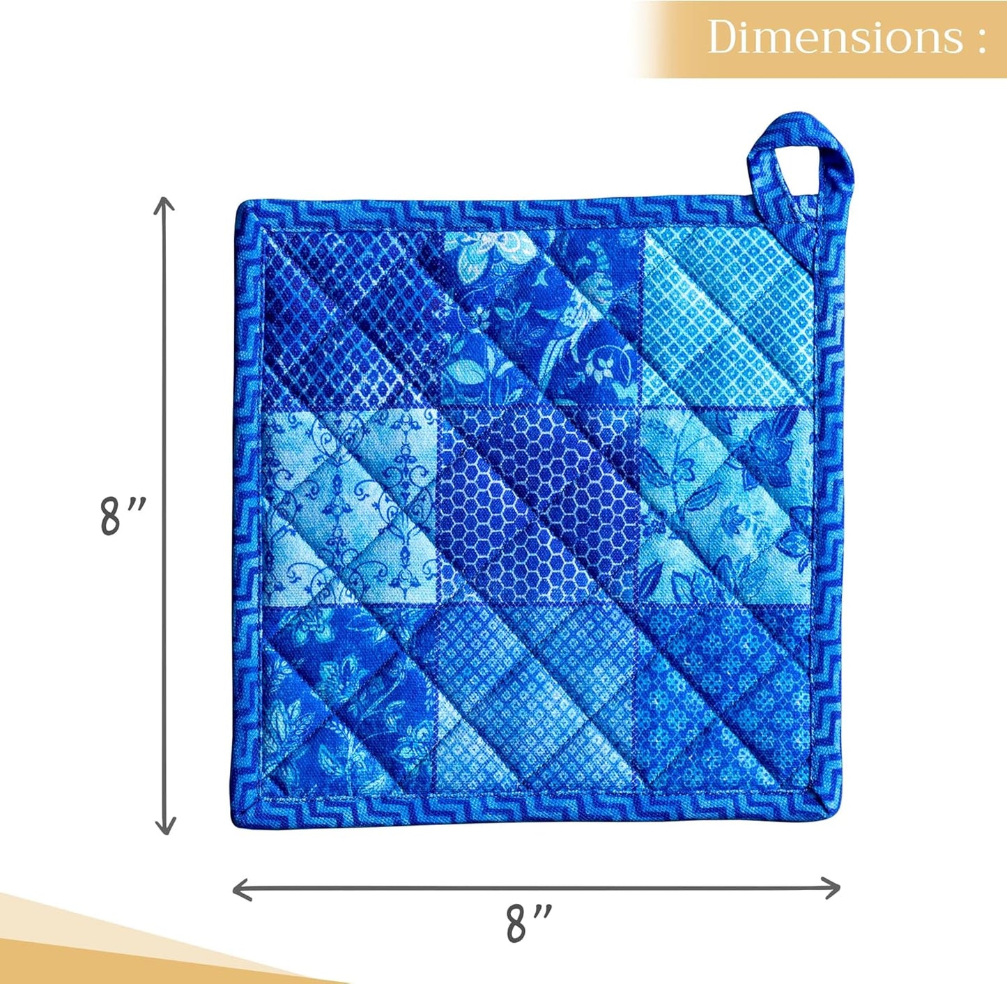 Maison d' Hermine Pot Holders 100% Cotton Heat Resistant Potholders 8" x 8" Hot Pads with Loop BBQ, Cooking, Baking, Grilling, Kitchen, Handling Hot Pans Spring/Summer (Pack of 1, Indigo Love)