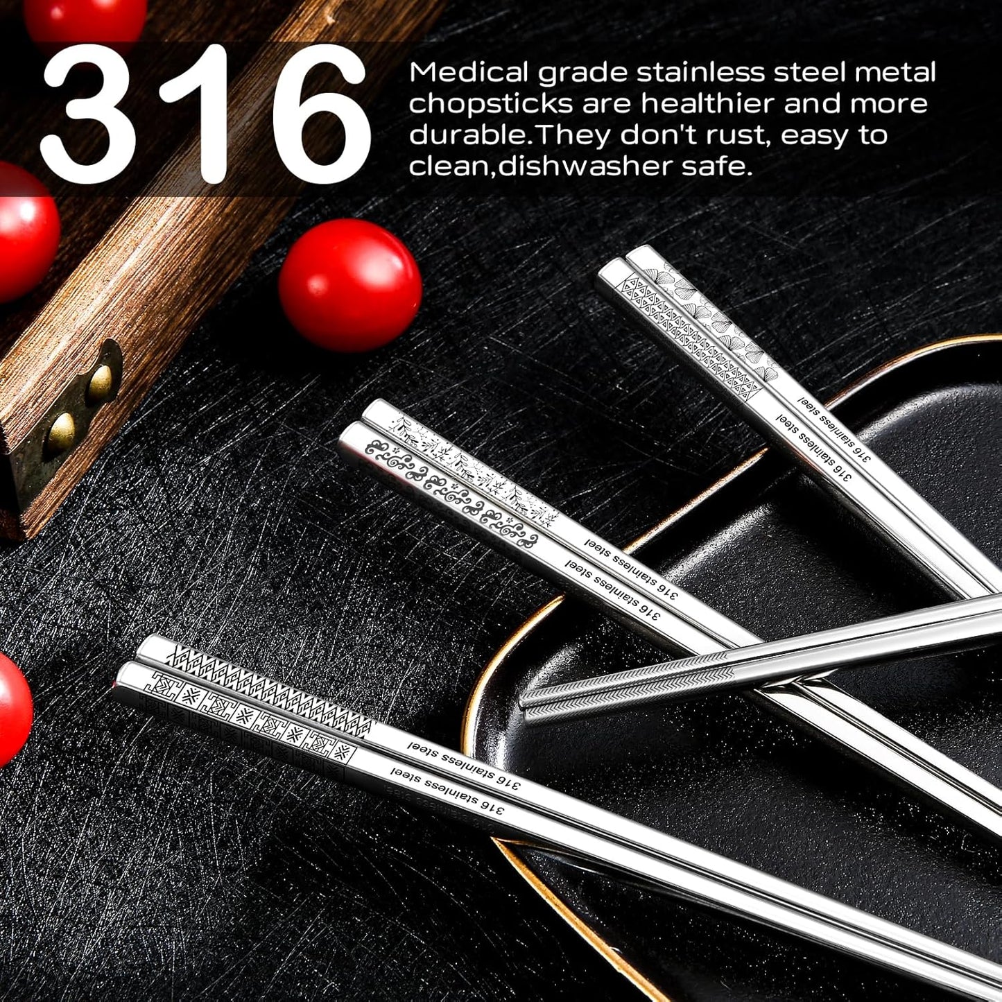 8 Pairs Metal Chopsticks Reusable 18/10 Stainless Steel Chopsticks Set Cute Laser Engraved Non-slip Japanese Korean Chinese Chopstick for Cooking Eating Dishwasher Safe 9.25" Chop Sticks Gift Set