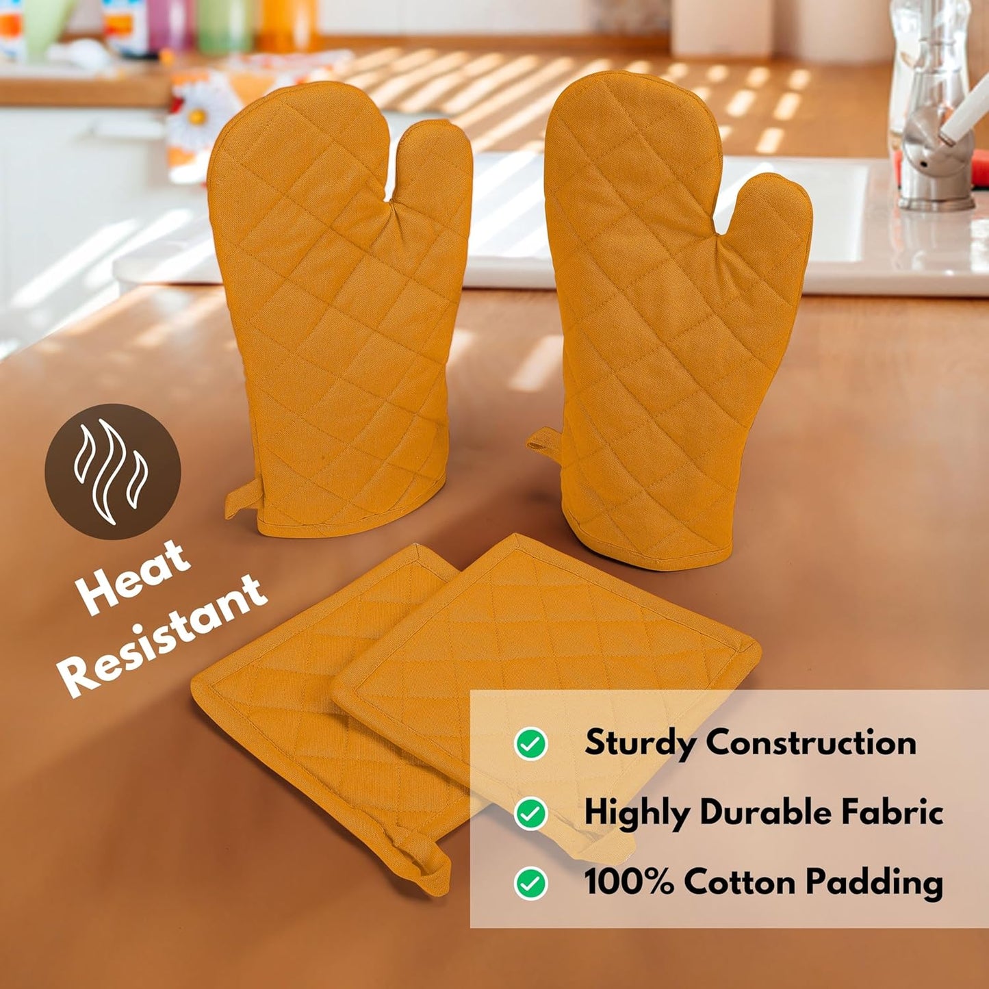 Native Fab 4 Piece Set - 2 Oven Mitts & 2 Potholders, Heat Resistant, 100% Cotton, Quilted Design, Non-Slip Grip, Machine Washable, Ideal for Baking, Cooking, BBQ, Kitchen Protection - Mustard Yellow