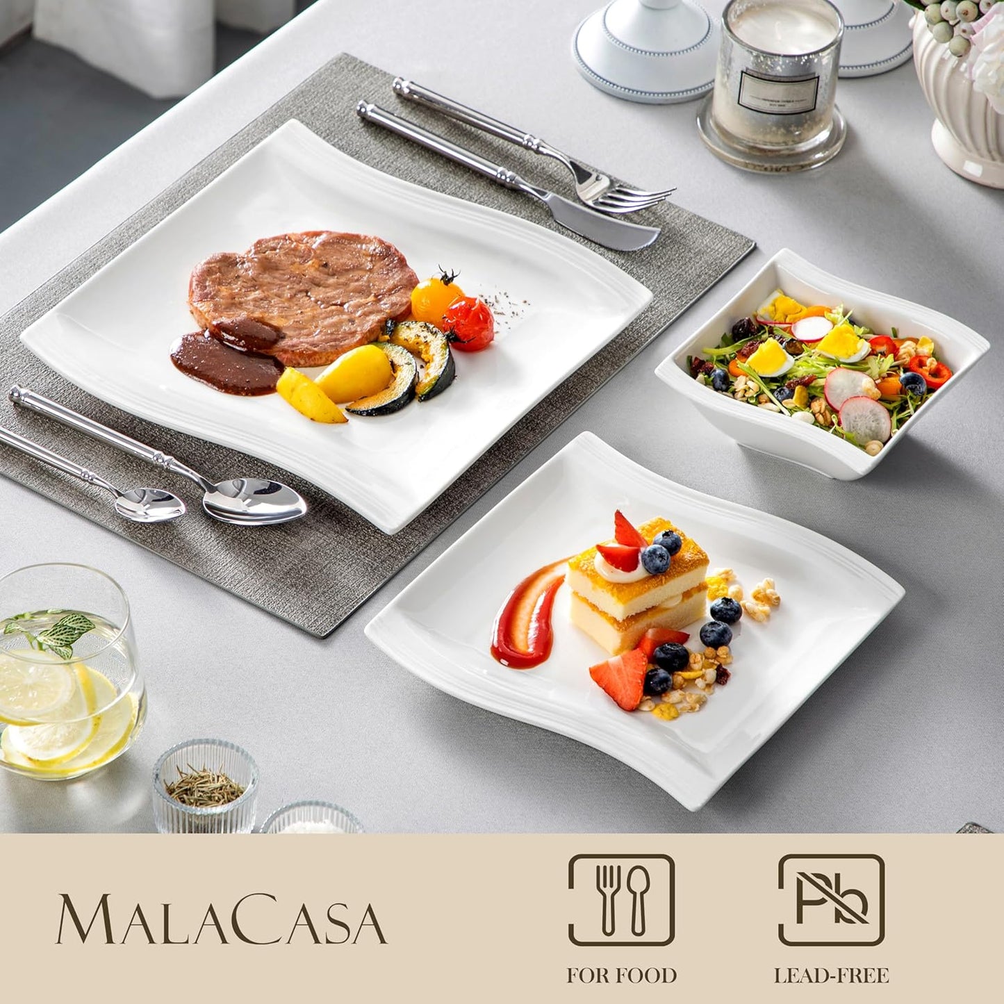 MALACASA Plates and Bowls Sets, 26 Pieces Ivory White Porcelain Dinnerware Sets without Mugs, Square Dinnerware with Dinner Plates, Bowls and Serving Platters, Modern Dish Set for 6, Series Flora