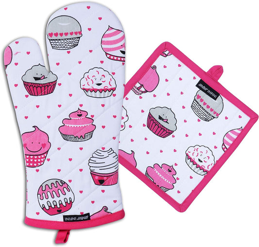 AMOUR INFINI Pot Holders and Oven Mitt Heat Resistant Non Slip Reusable Set of 1 Oven Mitt and 1 Pot Holder Oven Gloves Pot Holder for Cooking