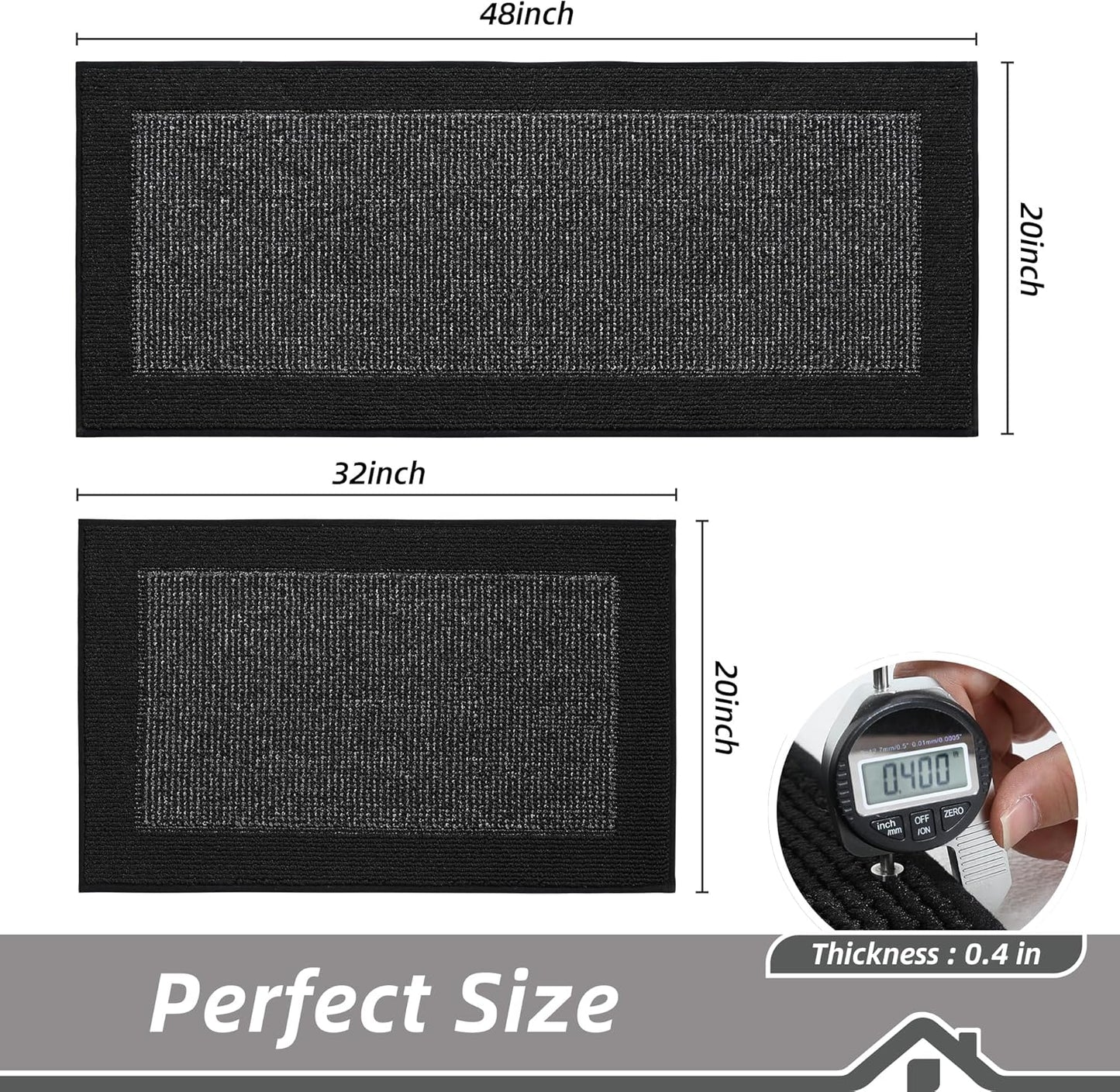 BEQHAUSE Kitchen Rugs and Mats Set of 2 Non-Slip Kitchen Mats for Floor, Absorbent and Stain Resistant Kitchen Runner, Machine Washable Rugs for Kitchen, Laundry & Sink, 20"x32"+20"x48", Black