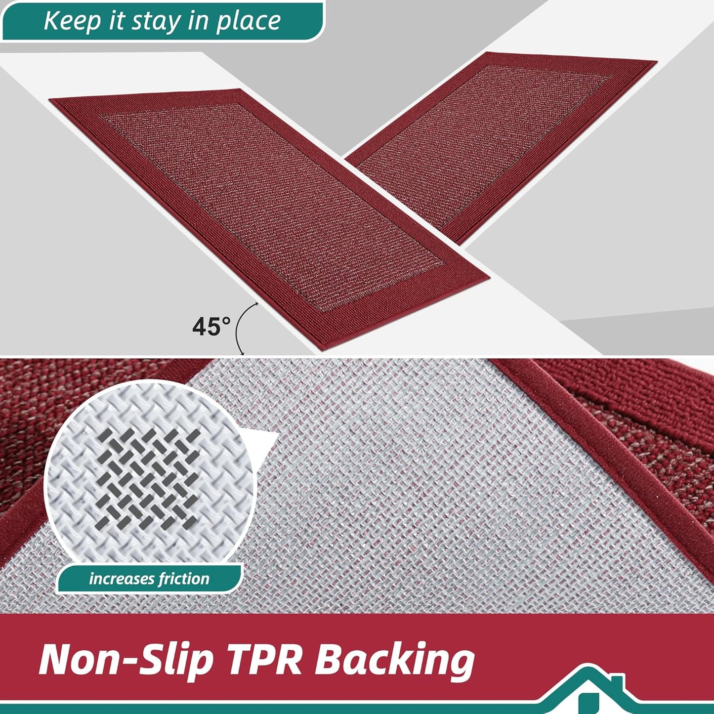 BEQHAUSE Kitchen Rugs and Mats Set of 2 Non-Slip Kitchen Mats for Floor, Absorbent and Stain Resistant Kitchen Runner, Machine Washable Rugs for Kitchen, Laundry & Sink, 24"x36"+24"x60", Red