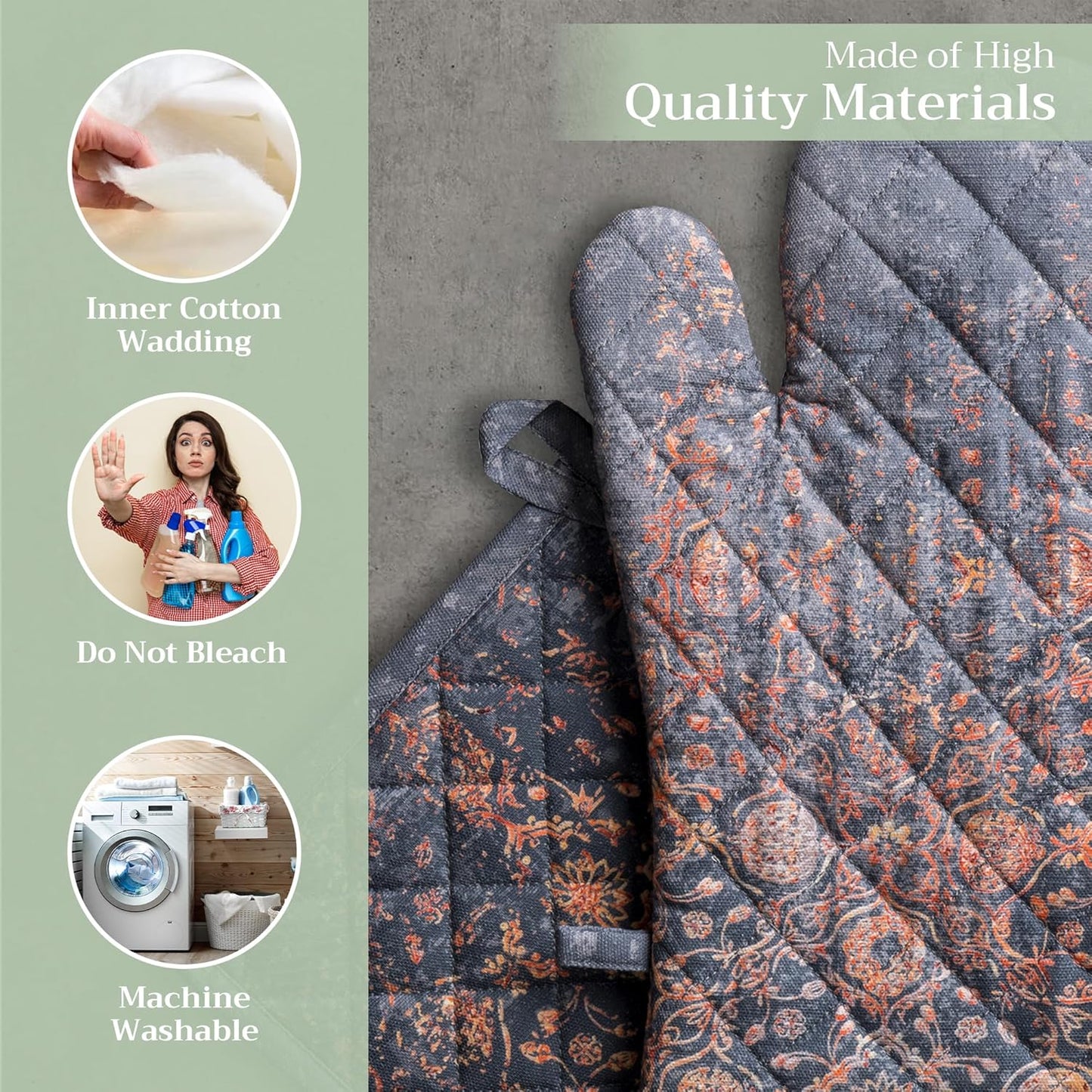 Maison d' Hermine 100% Cotton Oven Mitt & Pot Holder Set (7.5"x13" & 8"x8") Heat Resistant BBQ Cooking Gloves with Loop, Baking, Grilling, Kitchen, Handling Hot Pans (Imperfection)