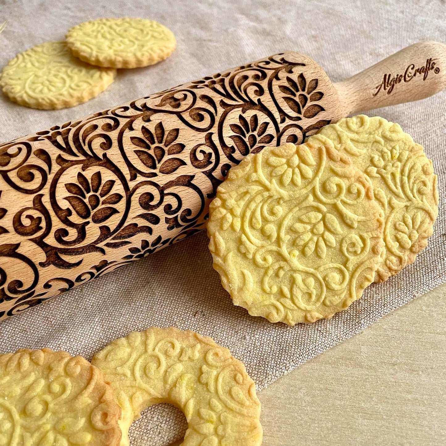 FLOWERING VINE Embossing Rolling Pin. Laser Engraved Dough Roller with Climbing Flowers Pattern for Embossed Cookies or Pottery by Algis Crafts