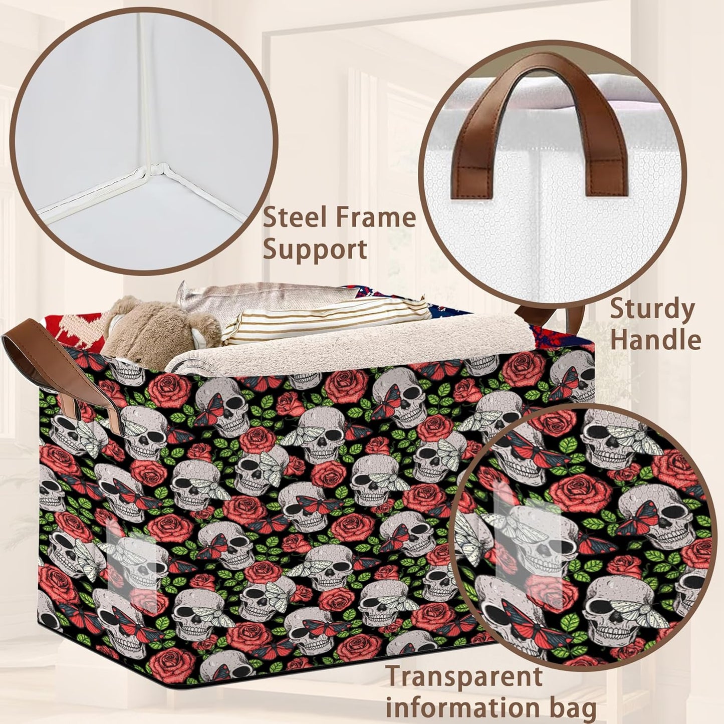 Skull Flower Pattern Collapsible Storage Bin-17x11.5x10.5 Inch Foldable Organizer for Halloween Decor, Gothic Room, Under Bed Storage-Single Pack