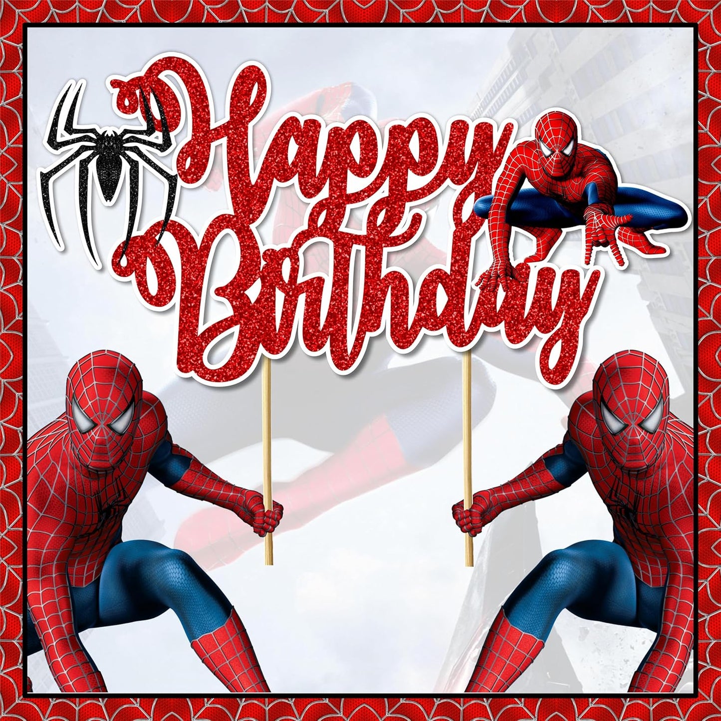 Spidrmn Happy Birthday Cake Topper – Superhero Cake Decoration for Boys, Party Supplies, Super hero-Themed Birthday, Spidr-Mn Party Accessory - Birthdays Decorations.