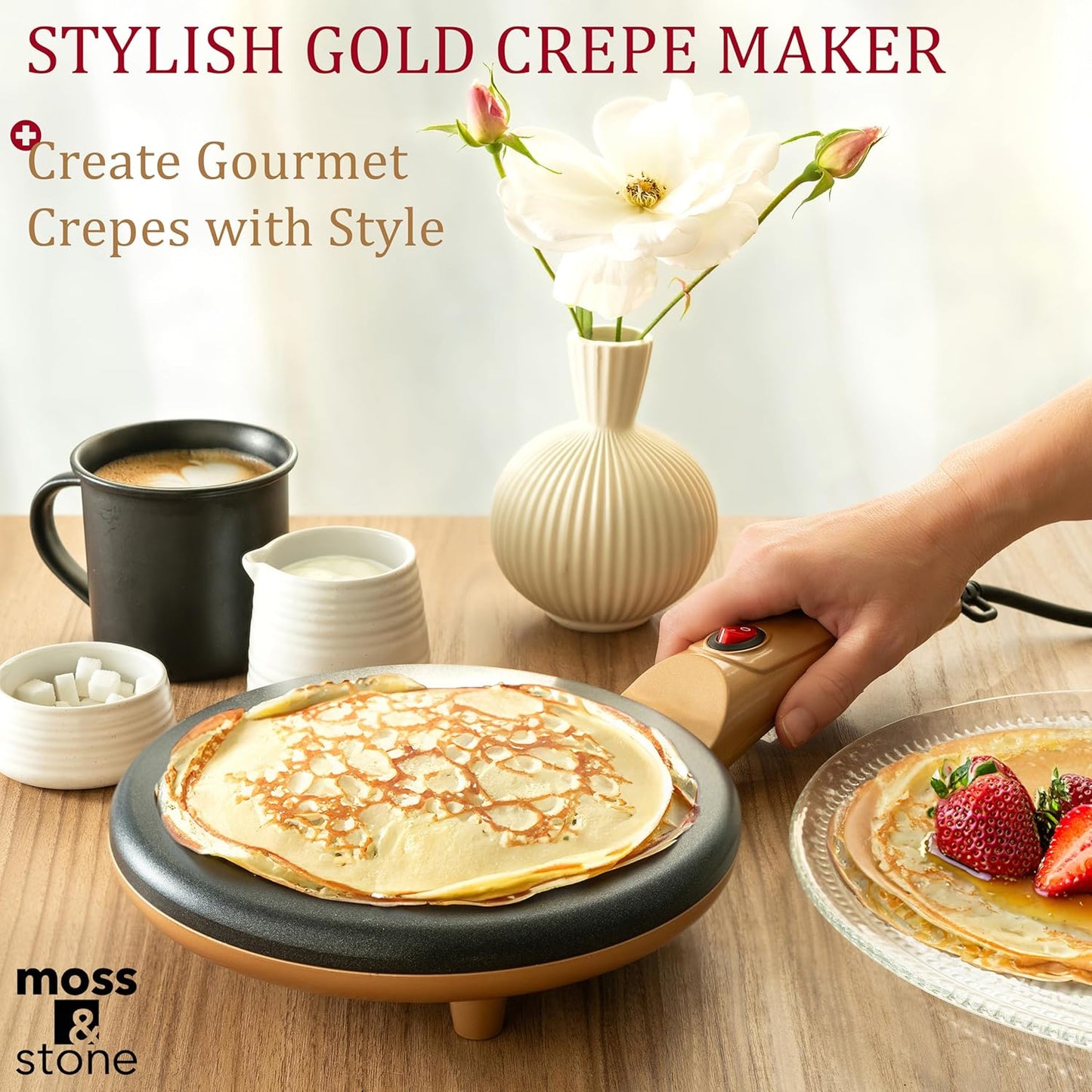 Moss & Stone Gold Electric Crepe Maker 8 Inch, Portable Crepe Maker & Hot Plate Cooktop On/Off Switch, Nonstick Coating, Automatic Temperature Control, Easy To Use For Pancakes, Blintz