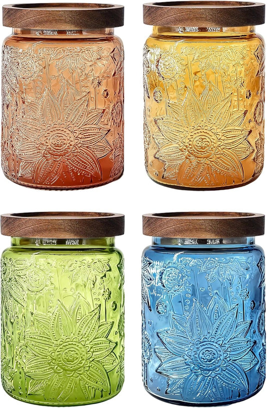 Glass Jars with Airtight Wood Lids – 24 OZ Kitchen and Pantry Canisters Sets, Decorative Vintage Storage Containers for Candy, Coffee, Cookie, Cereal, Flour, Sugar, Tea, Set of 4 Sunflower