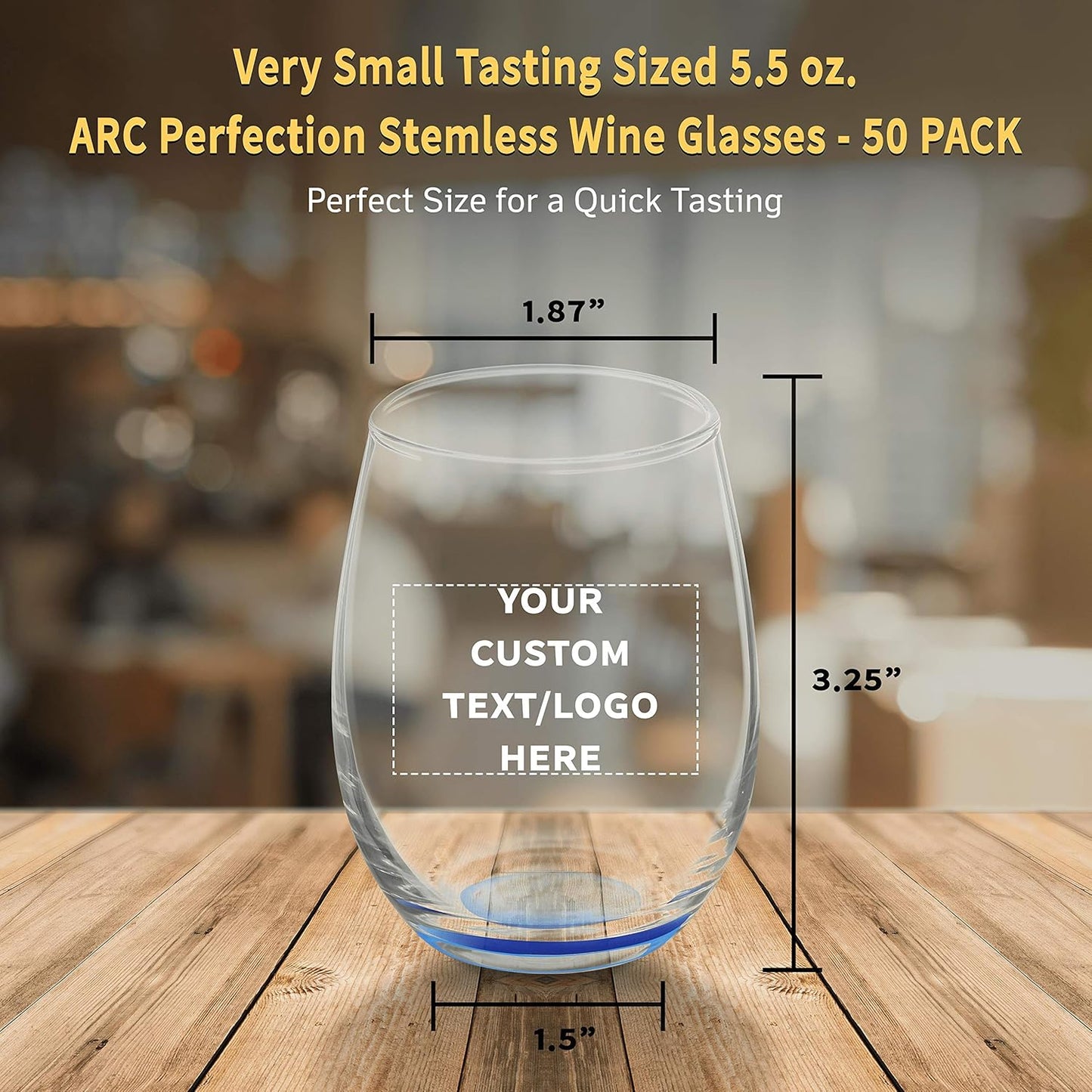 Custom Stemless Wine Glasses by ARC 5.5 oz. Set of 50, Personalized Bulk Pack - Perfect for Hotel, Bar, Restaurant or Lounge - Blue