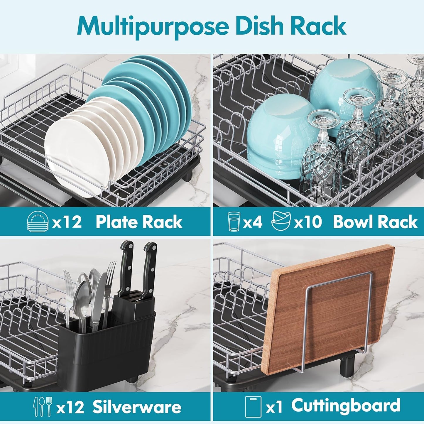 BOOSINY Dish Drying Rack for Kitchen Counter, Stainless Steel Dish Drainers with Drainboard Set, Space Saving, Compact Metal Plates Strainers Rack with Cup Holder, Utensil Holder