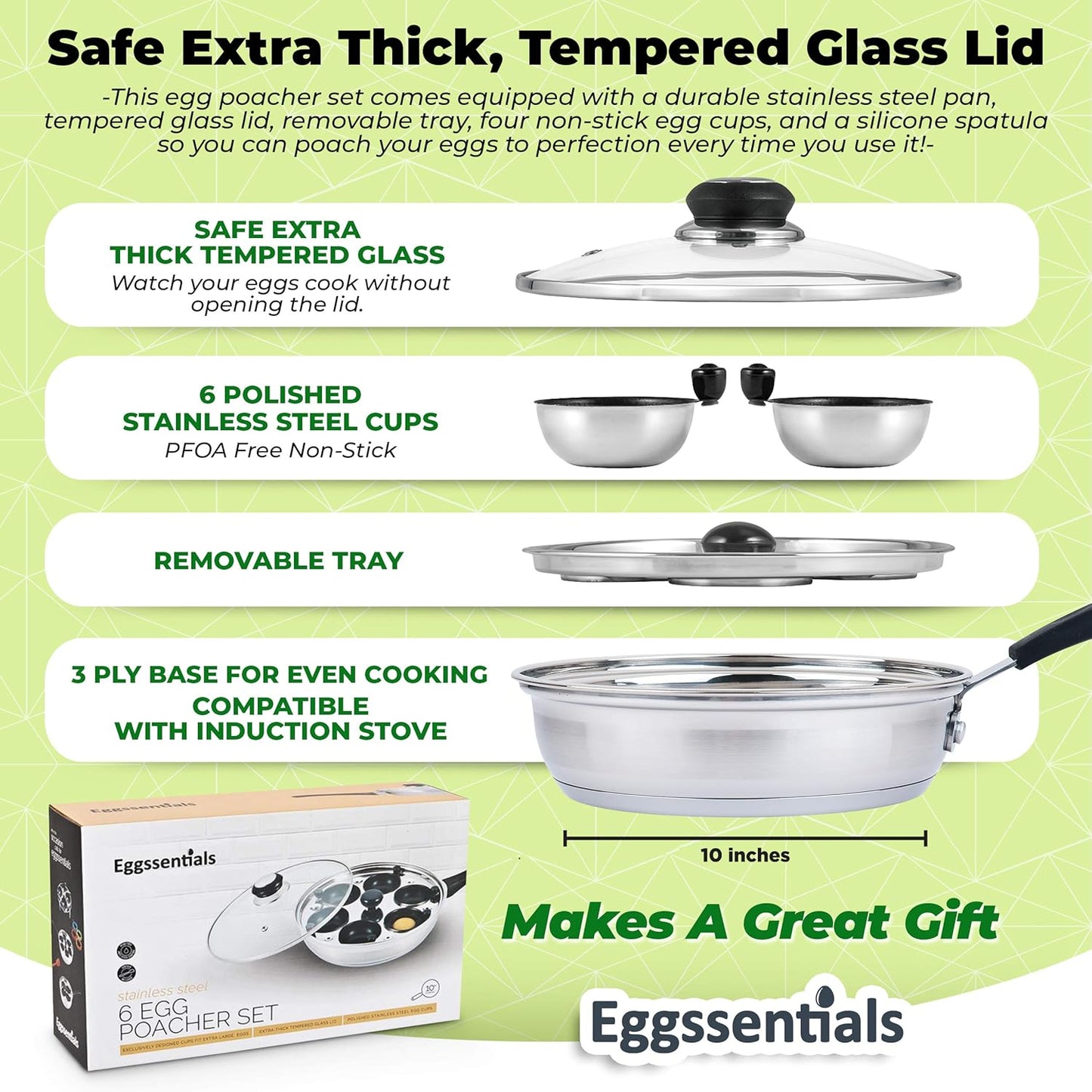 Eggssentials Egg Poacher Pan Nonstick Poached Egg Maker, Stainless Steel Egg Poaching Pan, Poached Eggs Cooker Food Grade Safe PFOA Free with Spatula, Egg Poachers Cookware