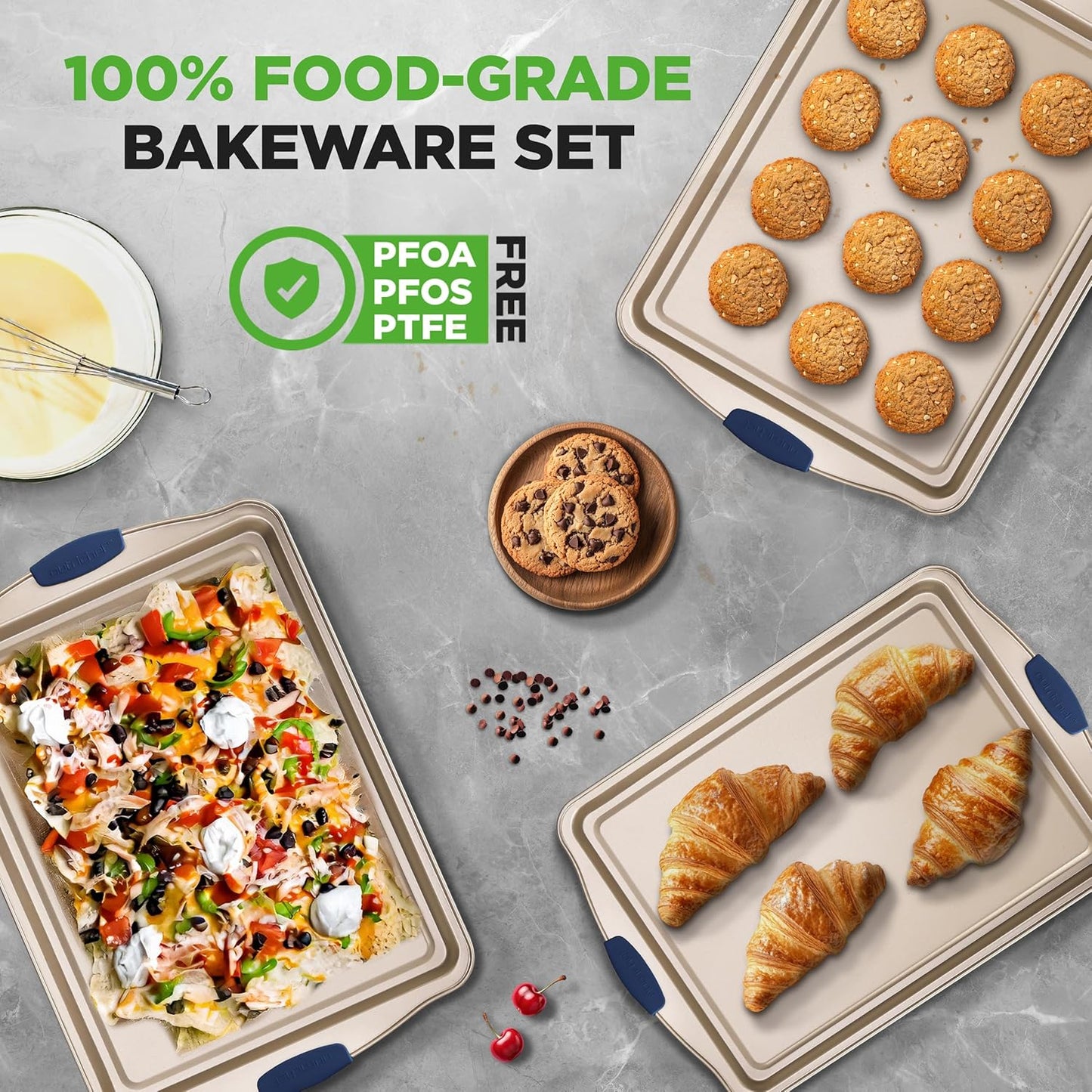 NutriChef 3-Piece Nonstick Bakeware Set - Premium Carbon Steel Oven Baking Trays w/Blue Silicone Handles - Small, Medium & Large Cookie Sheet Pans - PFOS, PFOA, PTFE-Free, Easy to Clean