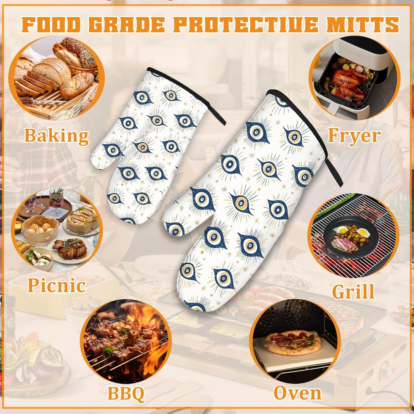 Evil Eyes Oven Mitts and Pot Holders,Heat Resistant Oven Mitts Gloves and Pot Holder for Home Kitchen Decorations Cooking Baking BBQ Gifts,Set of 4