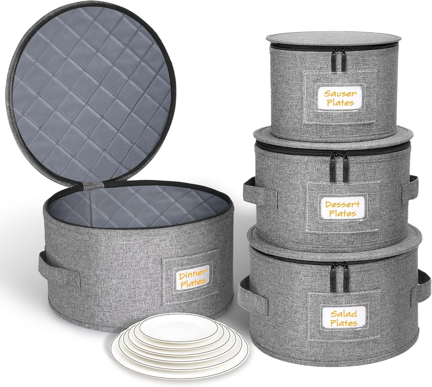punemi China Storage Containers, Dish Storage with Rigid Top Side Bottom Support & Felt Dividers for Charger Plates Dinnerware, Perfect for Moving Supplies, 4PCS Stackable Fine China Storage, Gray