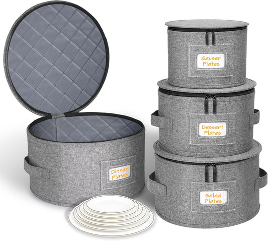 punemi China Storage Containers, Dish Storage with Rigid Top Side Bottom Support & Felt Dividers for Charger Plates Dinnerware, Perfect for Moving Supplies, 4PCS Stackable Fine China Storage, Gray