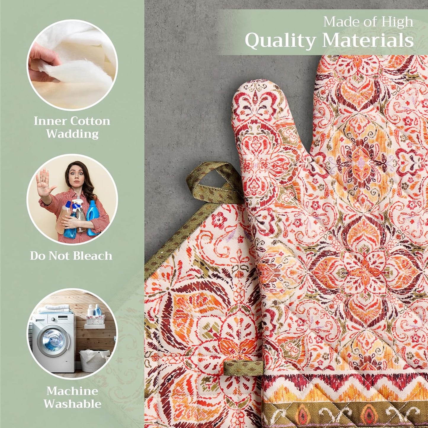 Maison d' Hermine 100% Cotton Oven Mitt & Pot Holder Set (7.5"x13" & 8"x8") Heat Resistant BBQ Cooking Gloves with Loop, Baking, Grilling, Kitchen, Handling Hot Pans (Damask)