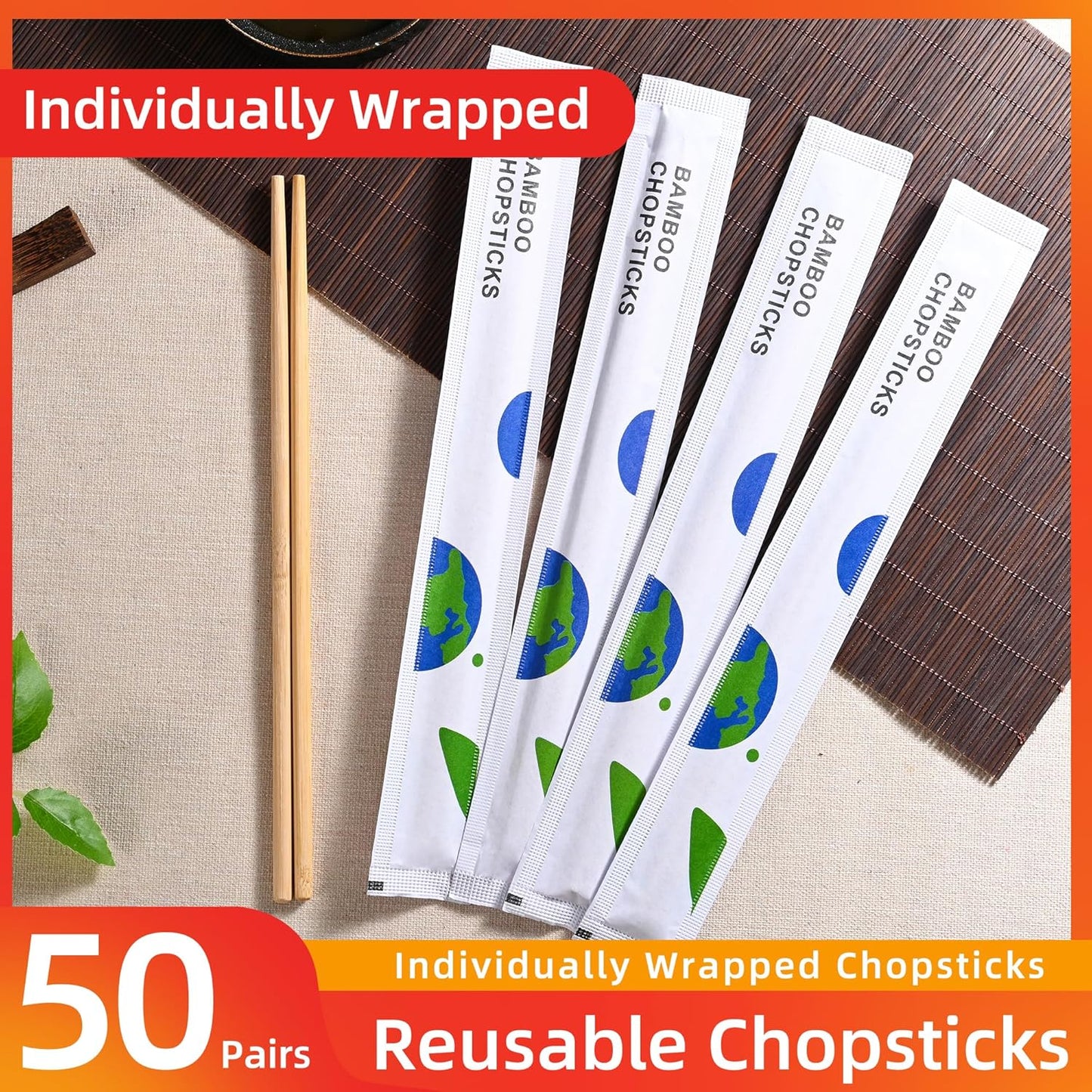 VIWIK 100 Pairs Premium Disposable Chopsticks - Individually Wrapped Natural Bamboo Reusable Chopstick - Japanese Korea Wooden Chop sticks, Portable Individually Wrapped chopsticks, 9 Inch