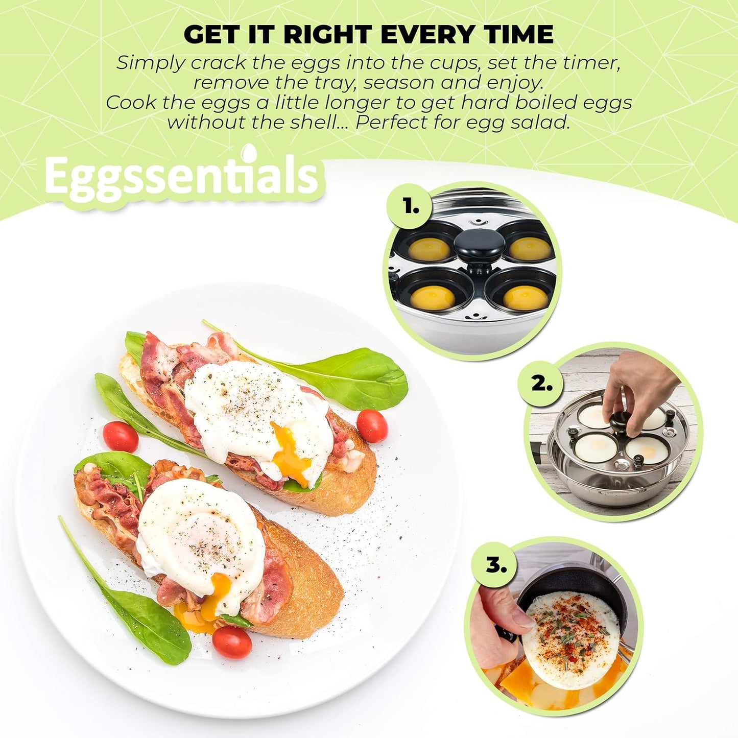 Eggssentials Egg Poacher Pan Nonstick Poached Egg Maker, Stainless Steel Egg Poaching Pan, Poached Eggs Cooker Food Grade Safe PFOA Free with Spatula