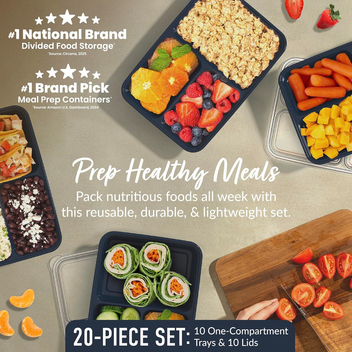 Bentgo Prep - 20-Piece 3-Compartment Reusable Meal Prep Containers with Lids, PFAS & BPA Free Materials, Durable, Microwave, Freezer, & Dishwasher Safe To Go Food Storage (Navy Blue)