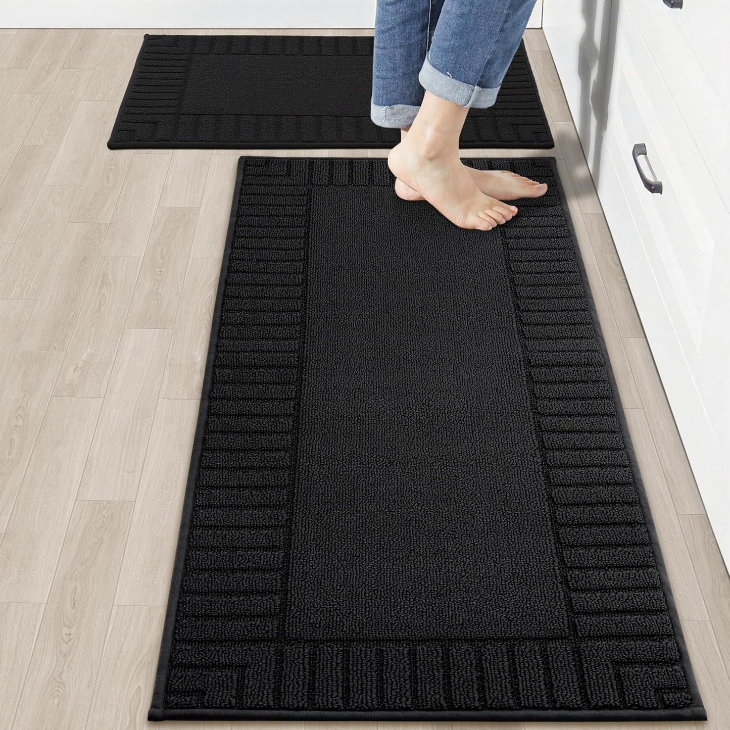 BEQHAUSE-Kitchen-Rugs-and-Mats,2 PCS Non Slip Kitchen Floor Mat,Absorbent Kitchen Mat Set Machine Washable Kitchen Runner Rug Black Kitchen Mat 20x30inch/20x48inch